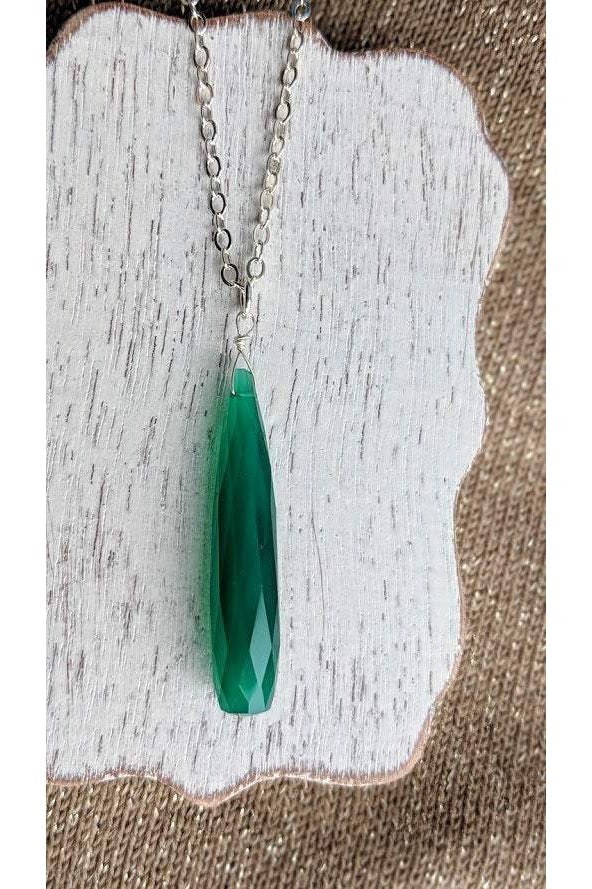 Teardrop Green Chalcedony Silver Gemstone Necklace