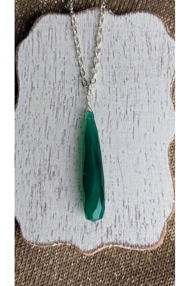Teardrop Green Chalcedony Silver Gemstone Necklace