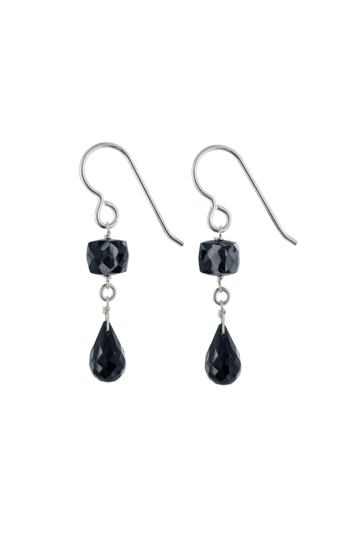 Black Spinel Dangle Gemstone Silver Earrings