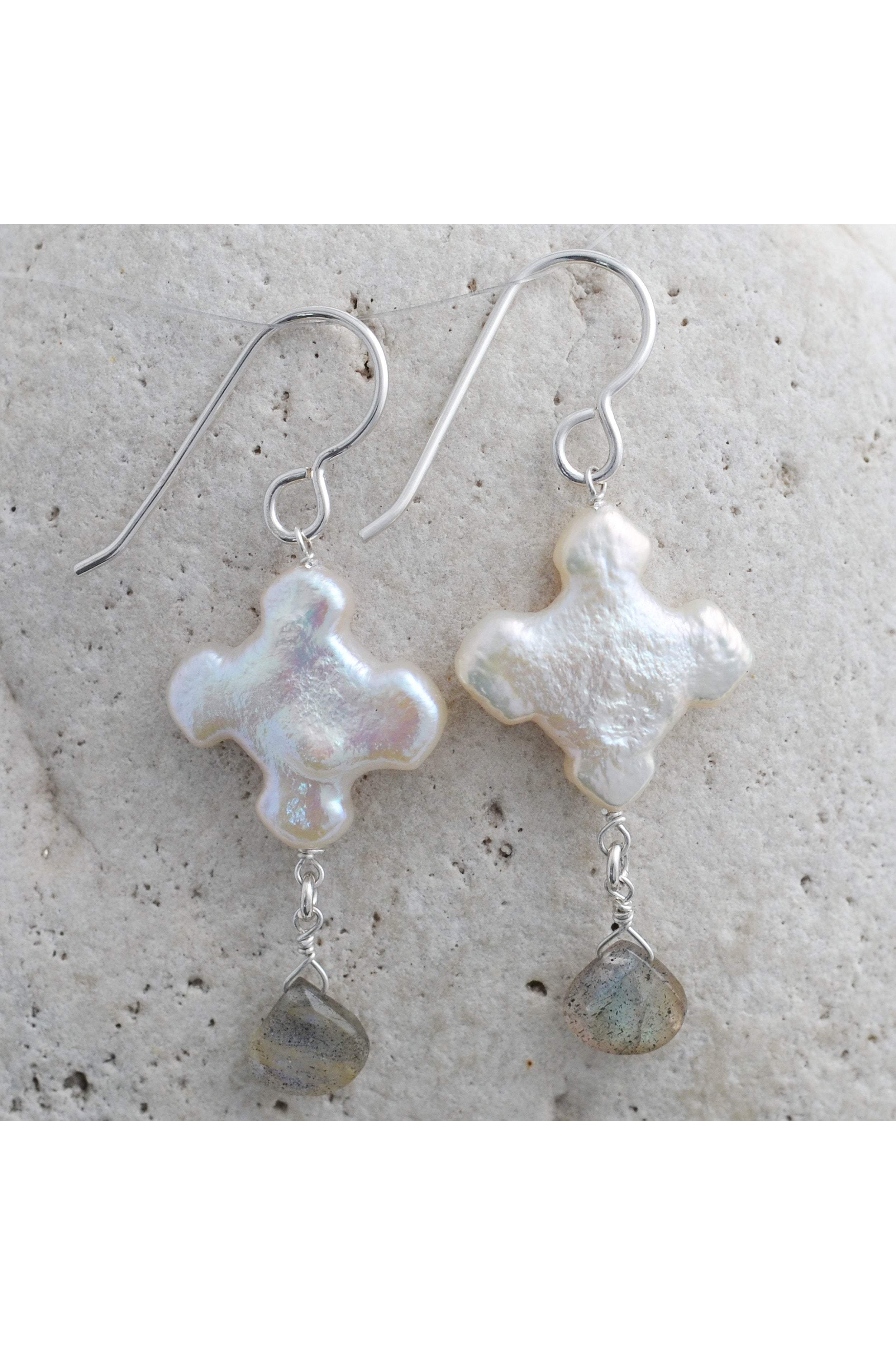 Cross Pearl, Labradorite Silver Dangle Earrings