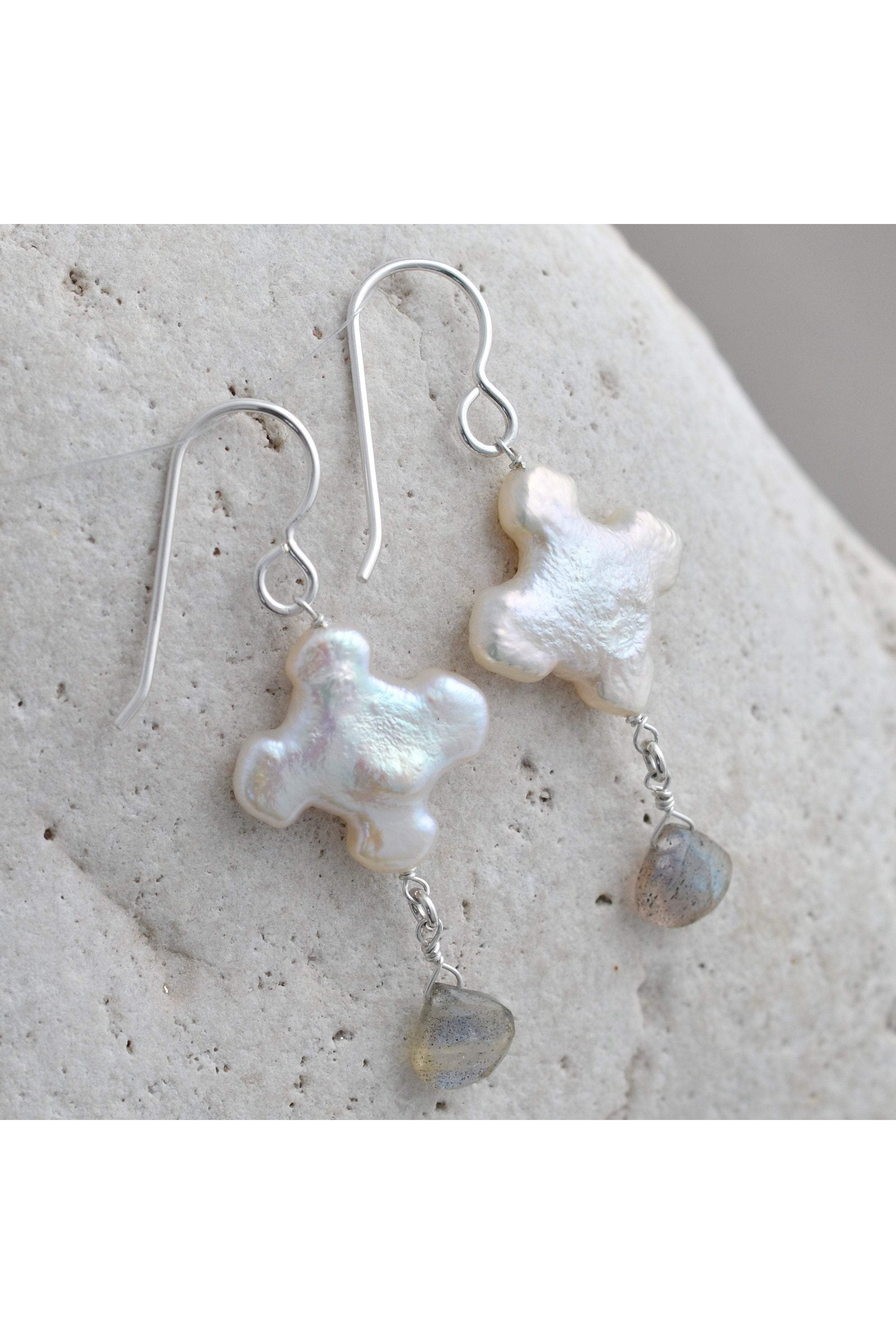 Cross Pearl, Labradorite Silver Dangle Earrings