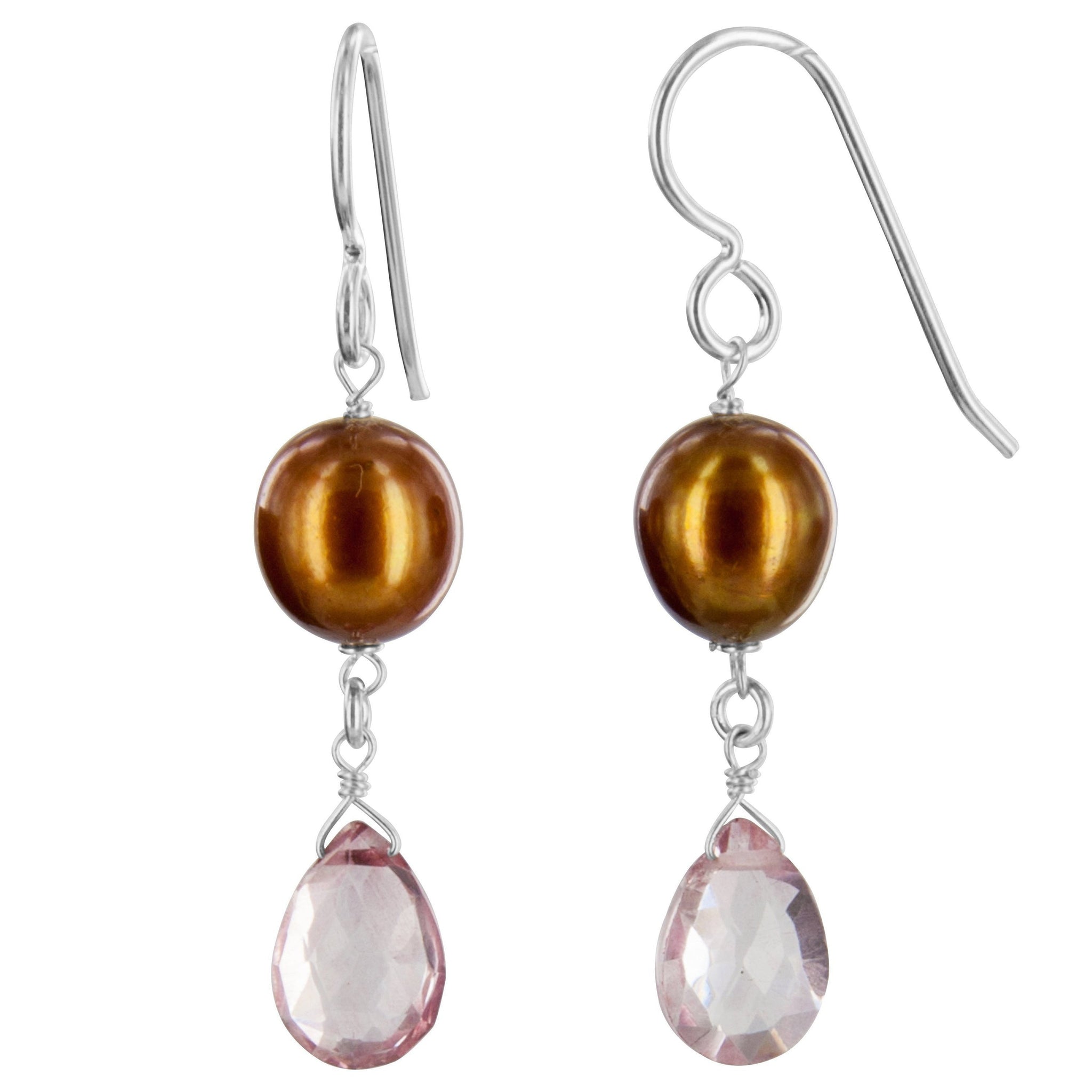 Pink Quartz, Brown Pearl Silver Dangle Earrings