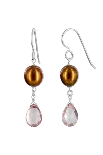 Pink Quartz, Brown Pearl Silver Dangle Earrings