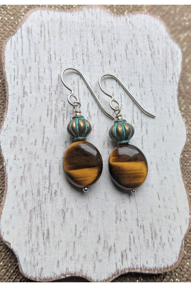 Round Tiger Eye Bead, Dangle Brown Silver Earrings