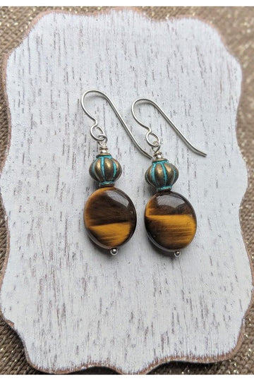 Round Tiger Eye Bead, Dangle Brown Silver Earrings