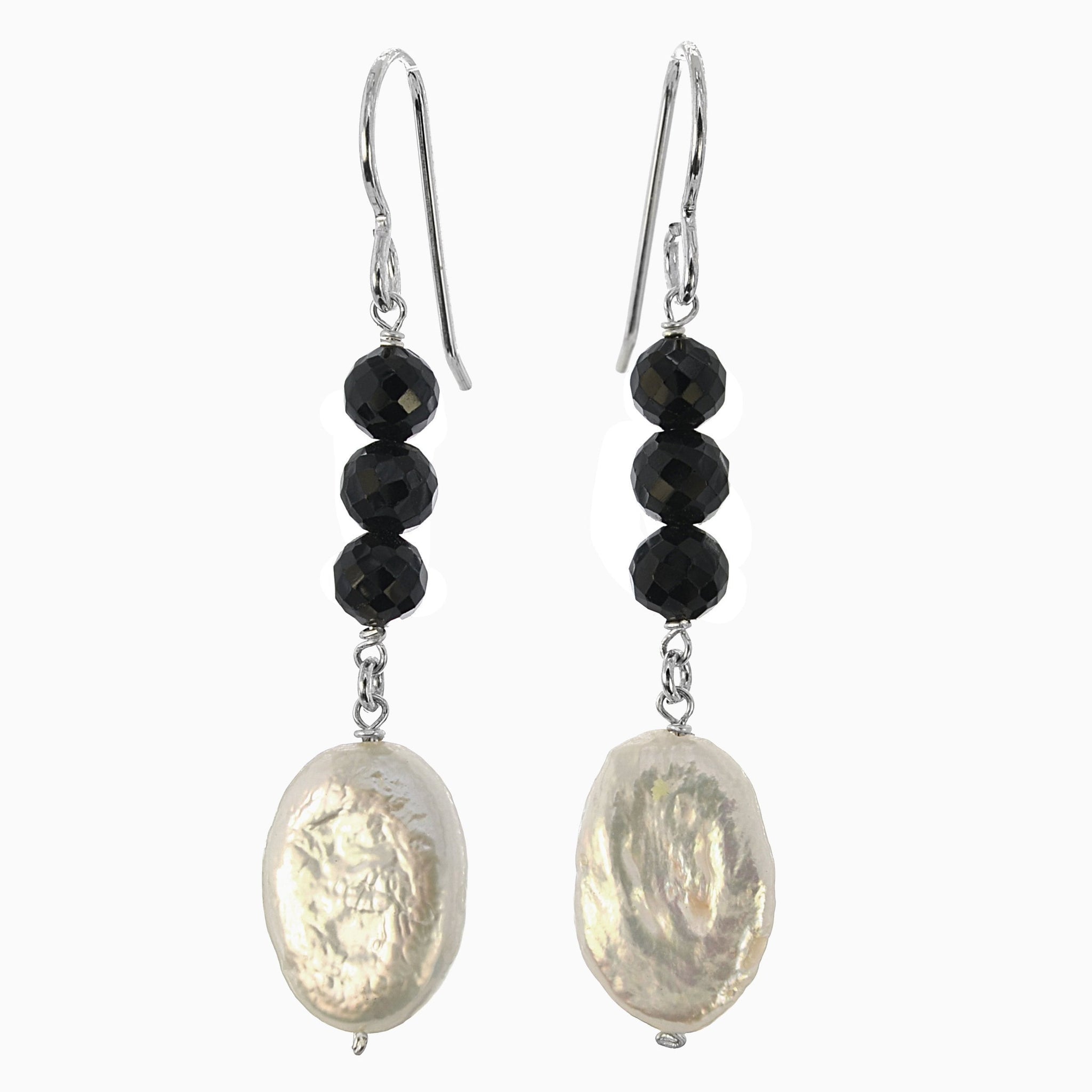 Black Onyx, White Pearl Dangle Earrings
