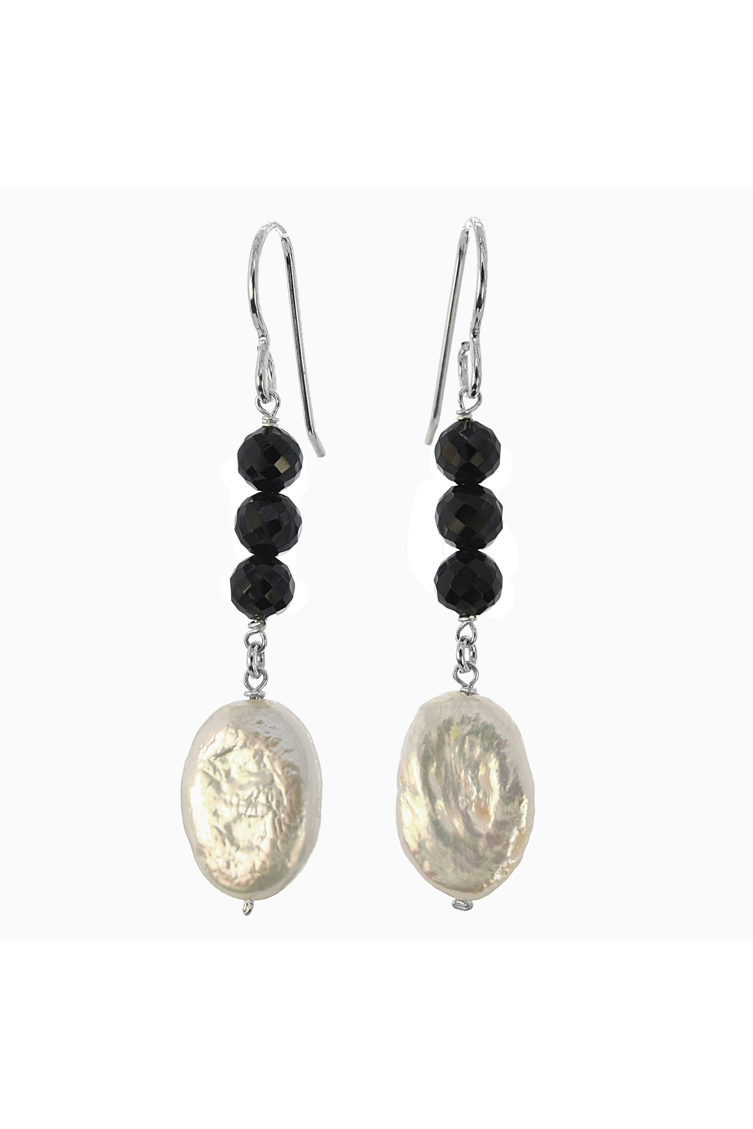 Black Onyx, White Pearl Dangle Earrings