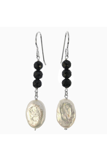 Black Onyx, White Pearl Dangle Earrings