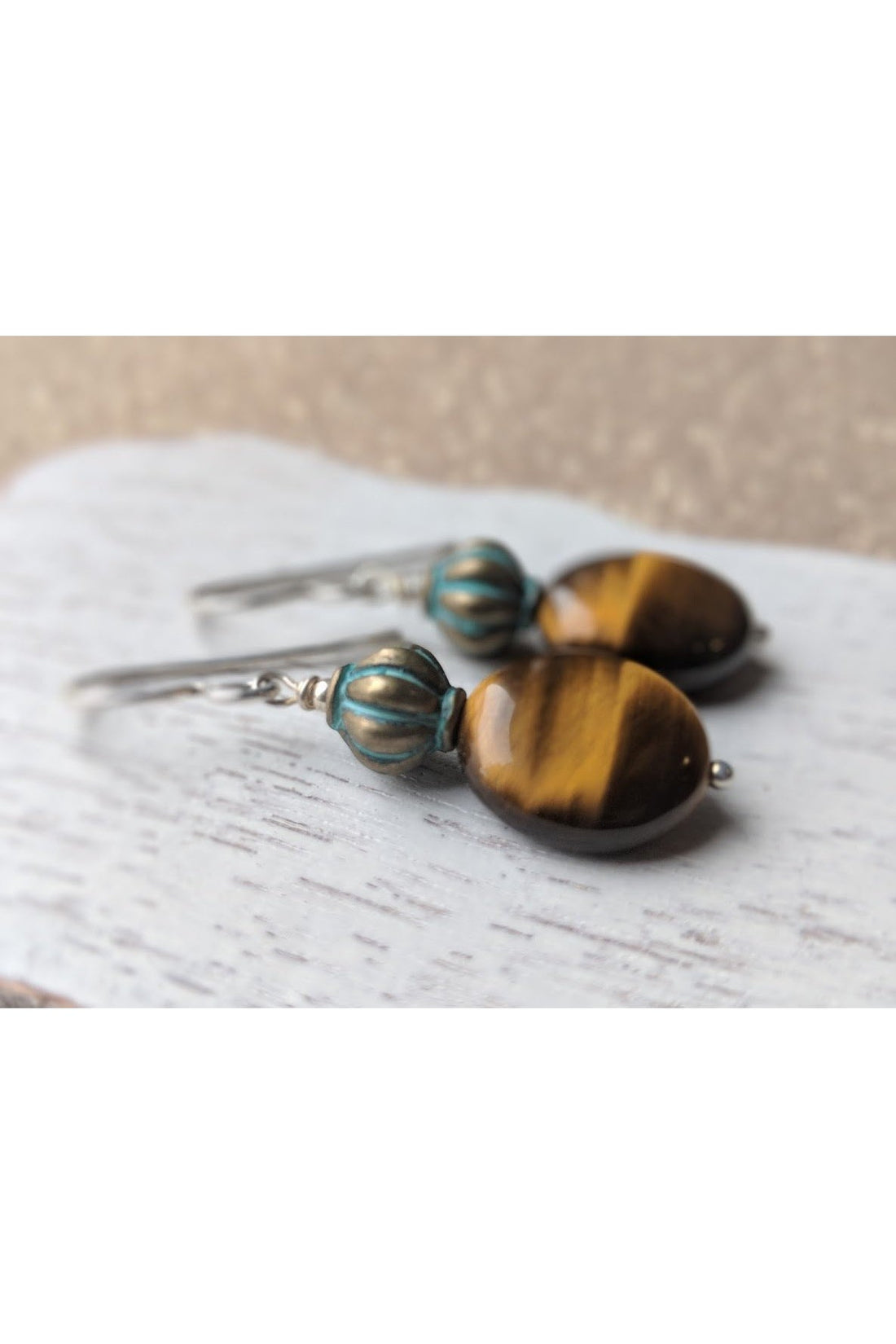 Round Tiger Eye Bead, Dangle Brown Silver Earrings