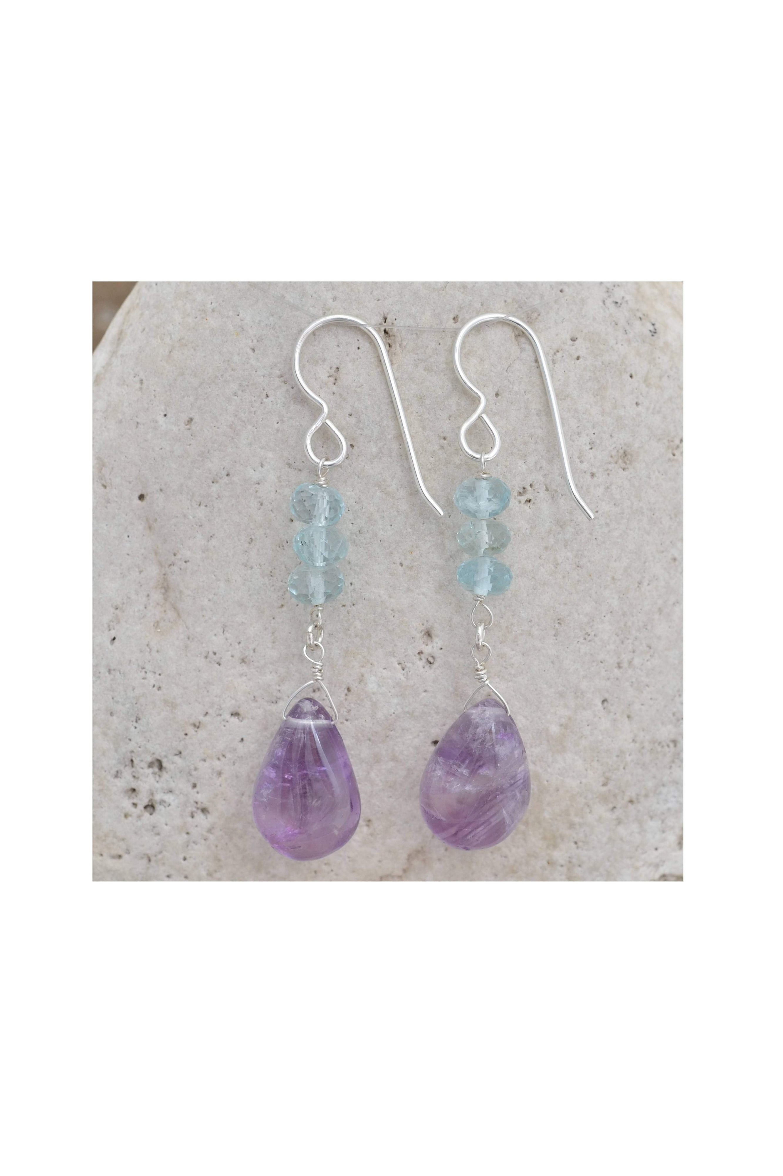 Purple Amethyst, Blue Aquamarine, February March Birthstone Earrings