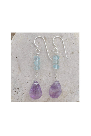Purple Amethyst, Blue Aquamarine, February March Birthstone Earrings