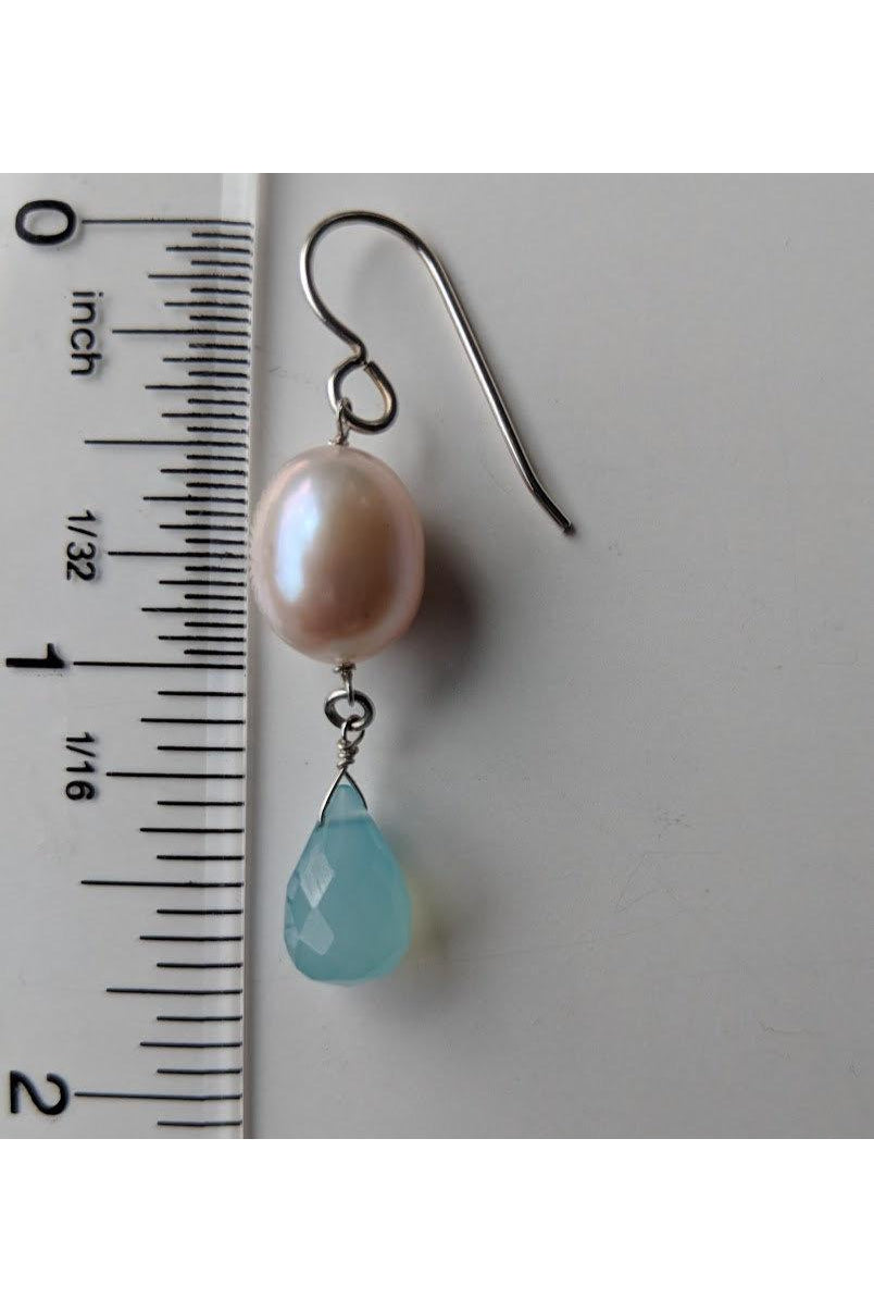 Blue Chalcedony, Pink Pearl Dangle Handmade Earrings