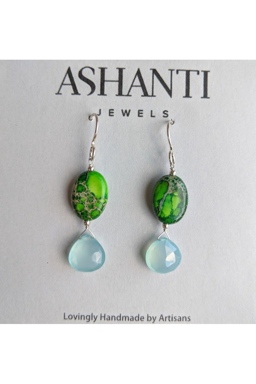 Blue Chalcedony, Green Jasper Gemstone Dangle Earrings