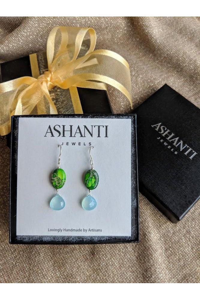 Blue Chalcedony, Green Jasper Gemstone Dangle Earrings