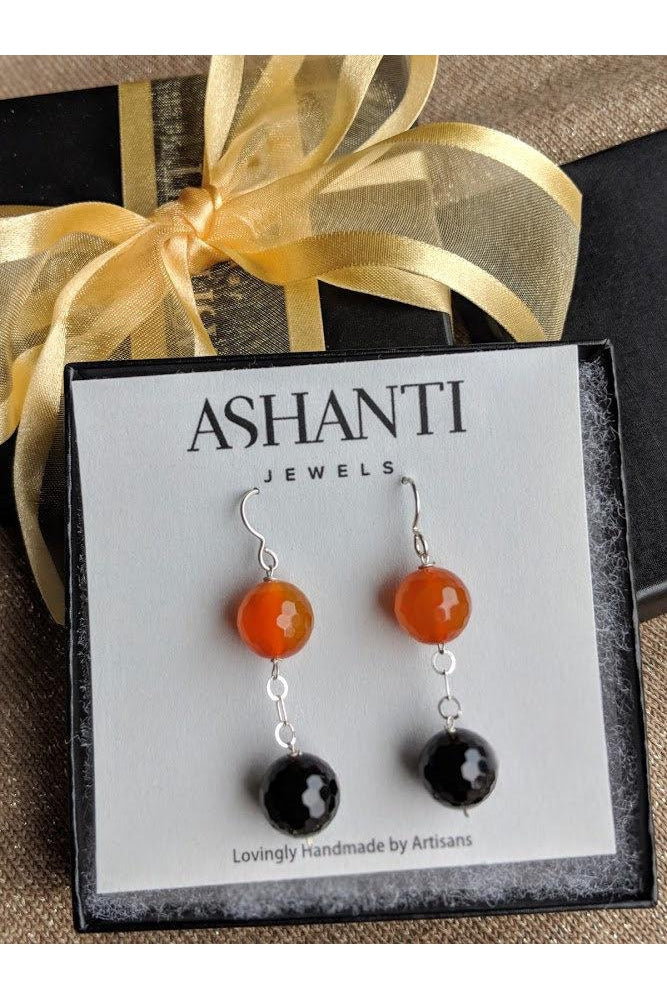 Orange Carnelian, Black Onyx Silver Earrings