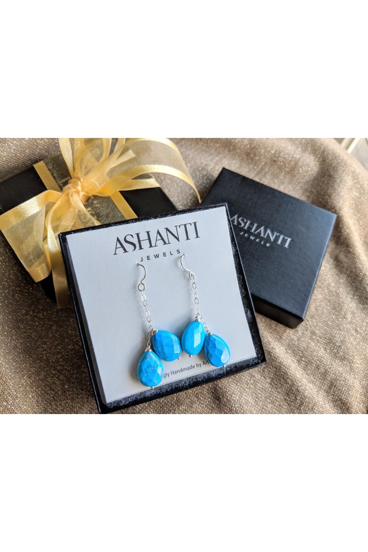 Turquoise Blue Howlite Gemstone Long Silver Earrings