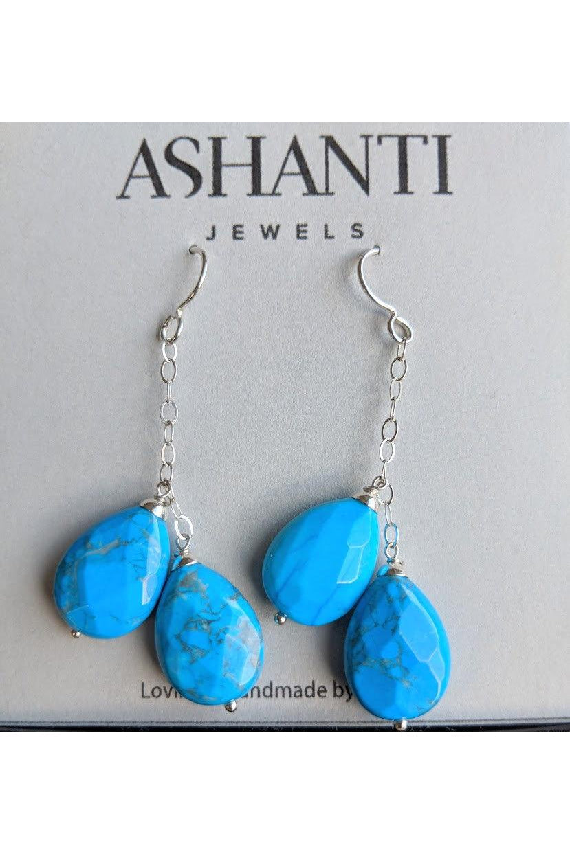 Turquoise Blue Howlite Gemstone Long Silver Earrings