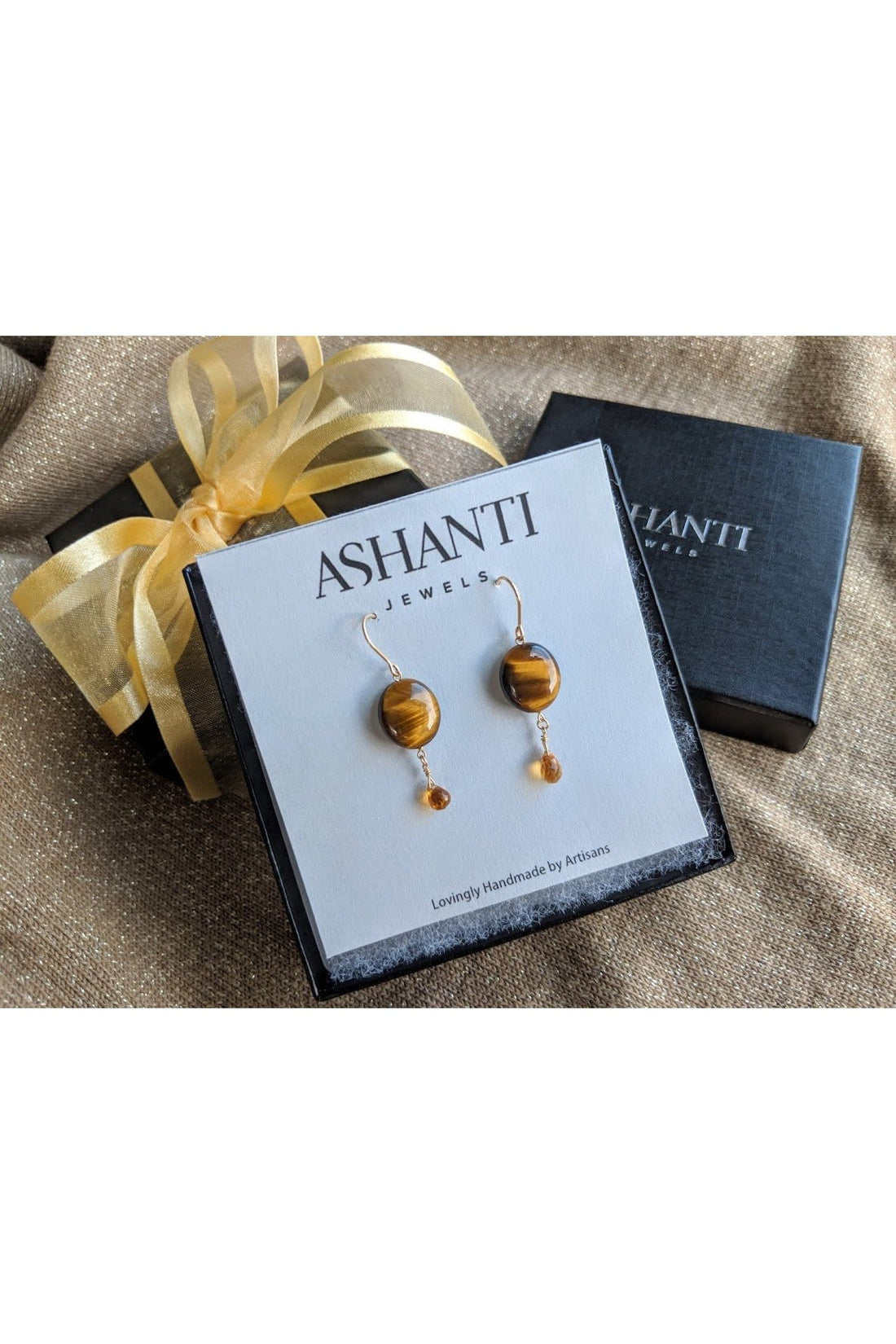 Tigers Eye Brown Gemstone, Yellow Citrine Gold Dangle Earrings