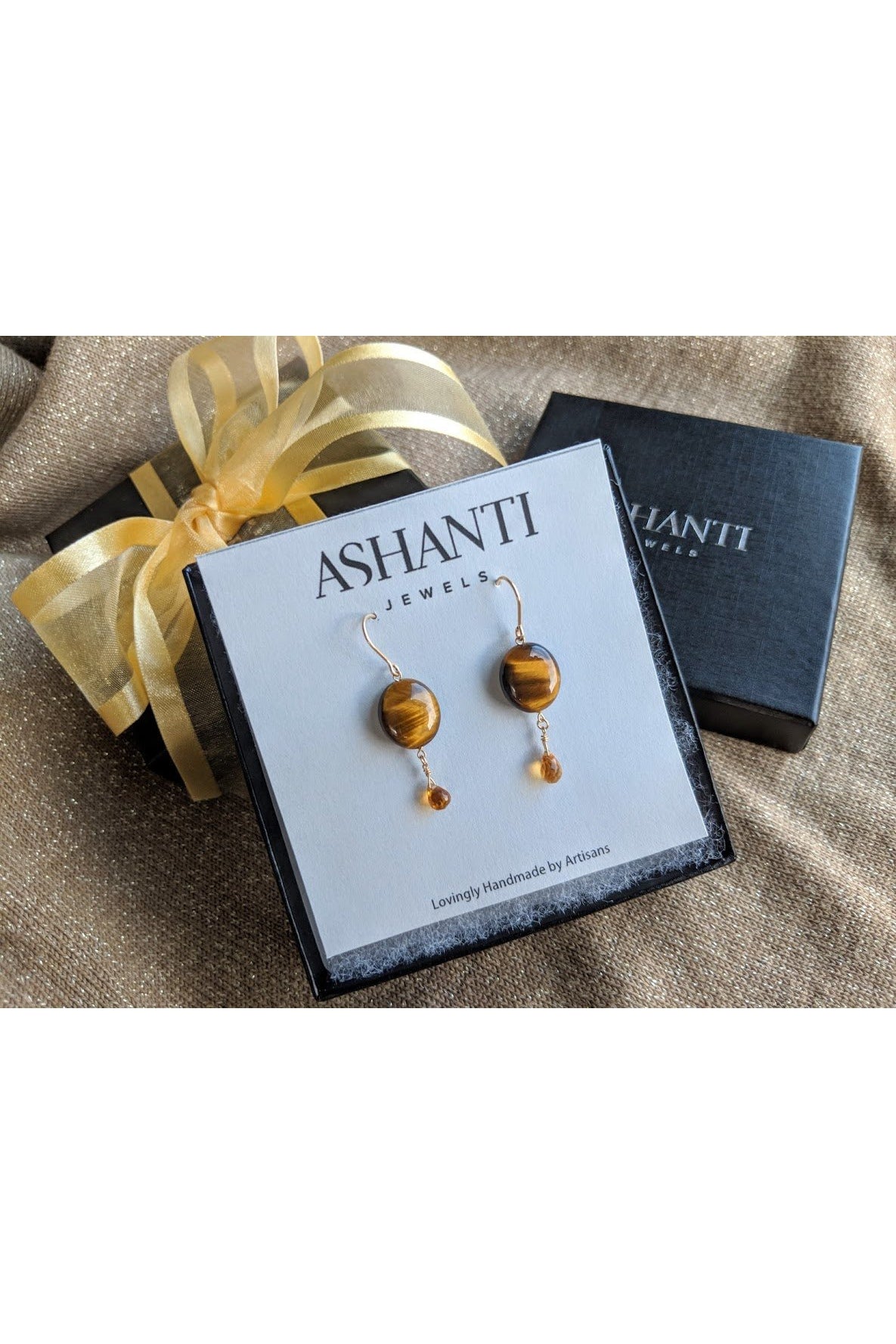 Tigers Eye Brown Gemstone, Yellow Citrine Gold Dangle Earrings