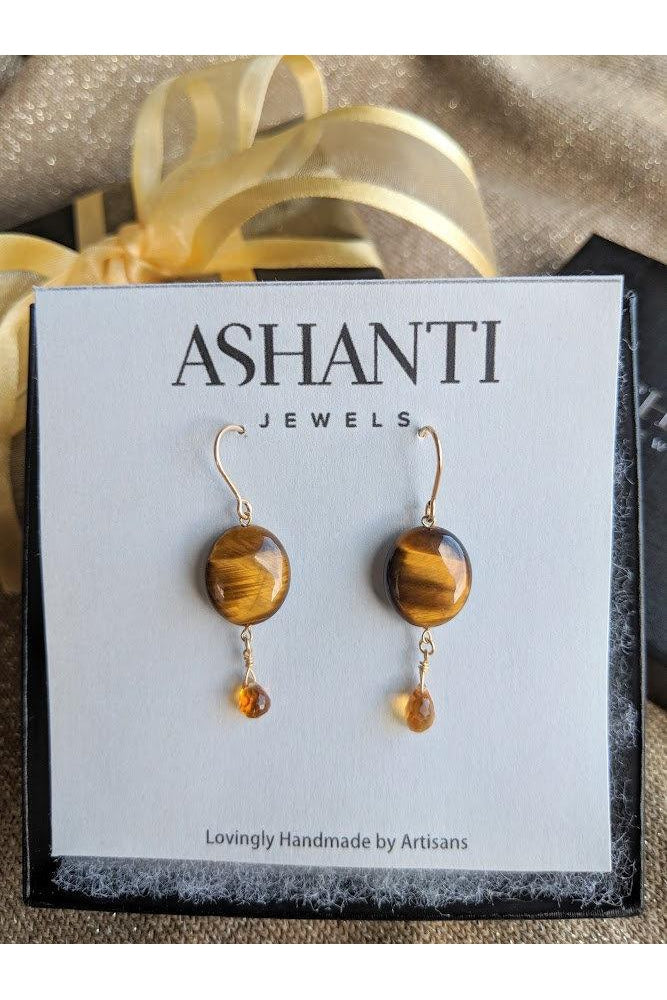 Tigers Eye Brown Gemstone, Yellow Citrine Gold Dangle Earrings