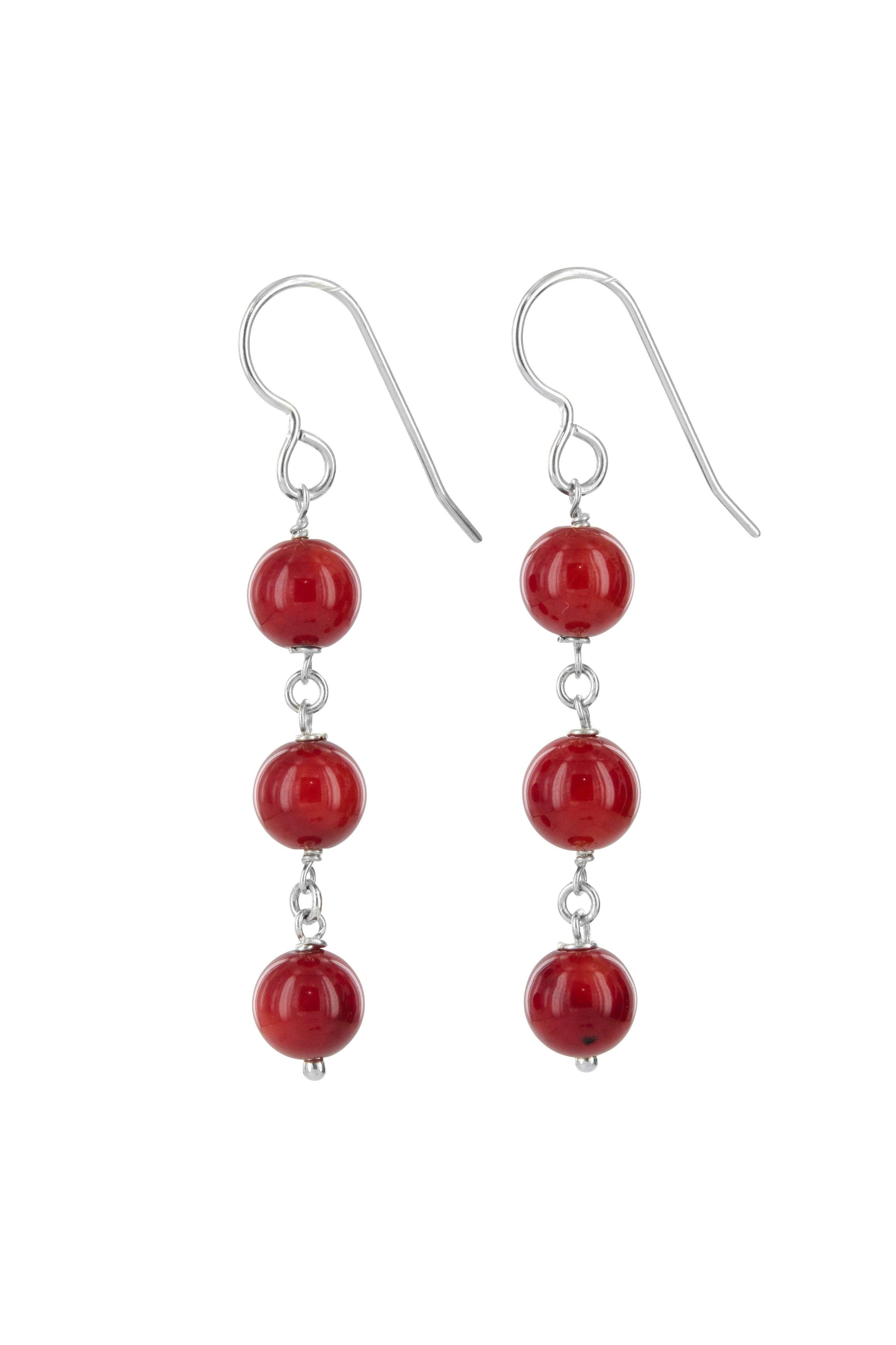 Simple Red Earrings, Red Coral and Silver