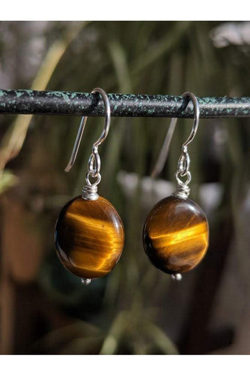 Oval Tigers Eye Brown Gemstone Minimalist Silver Earrings