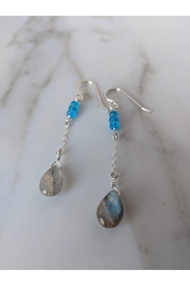 Blue Apatite, Labradorite Gemstone Long Earrings