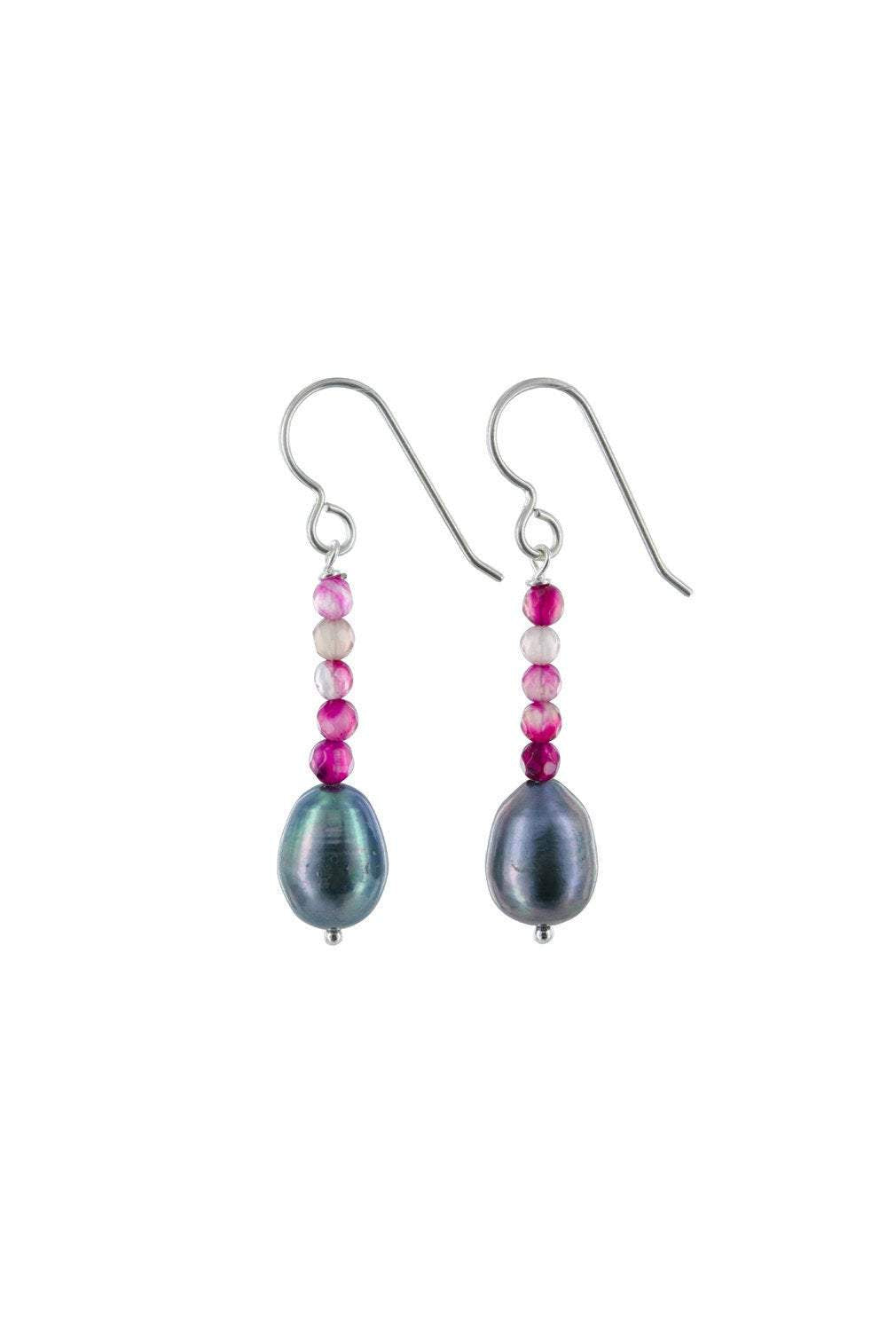 Pink Agate, Gray Silver Dangling Earrings