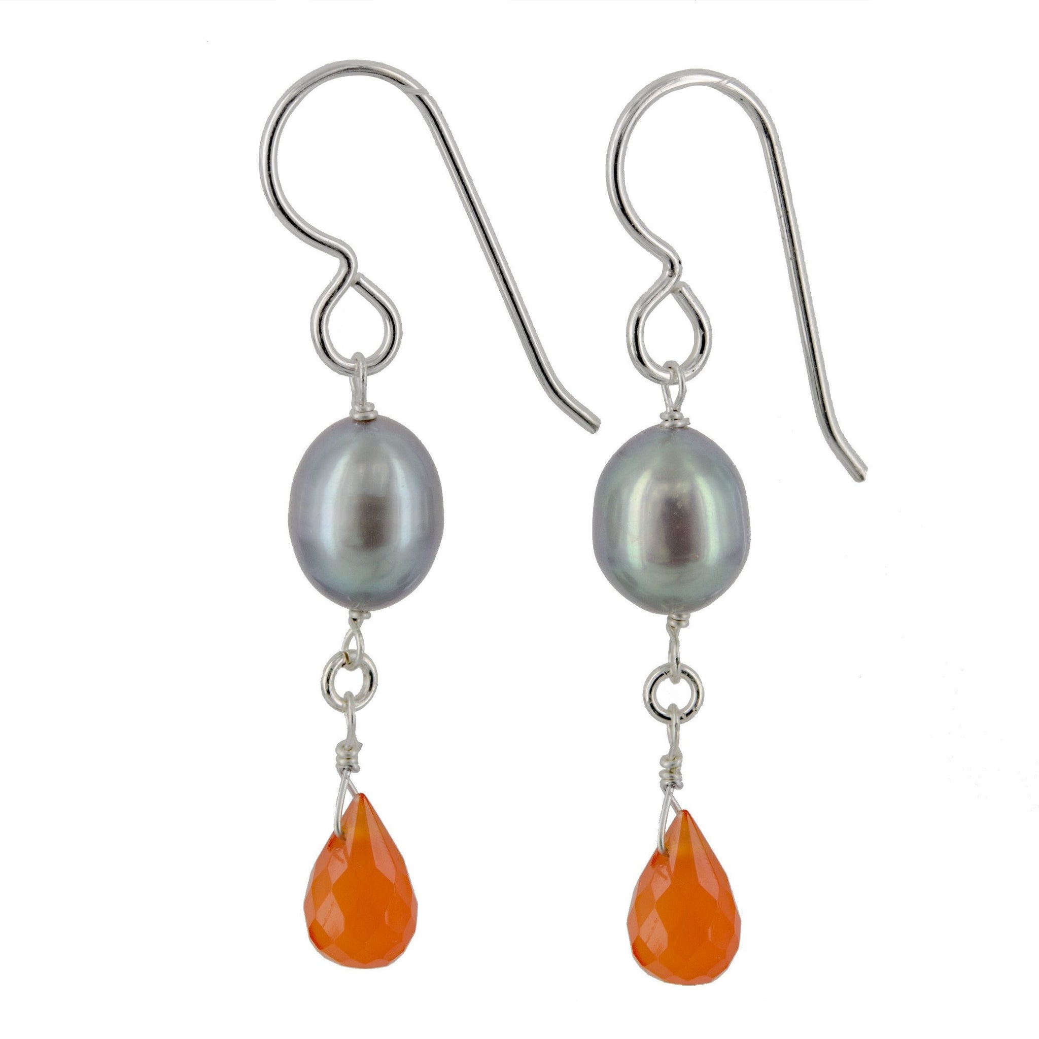 Orange Carnelian, Pearl Gemstone Dangle Earrings