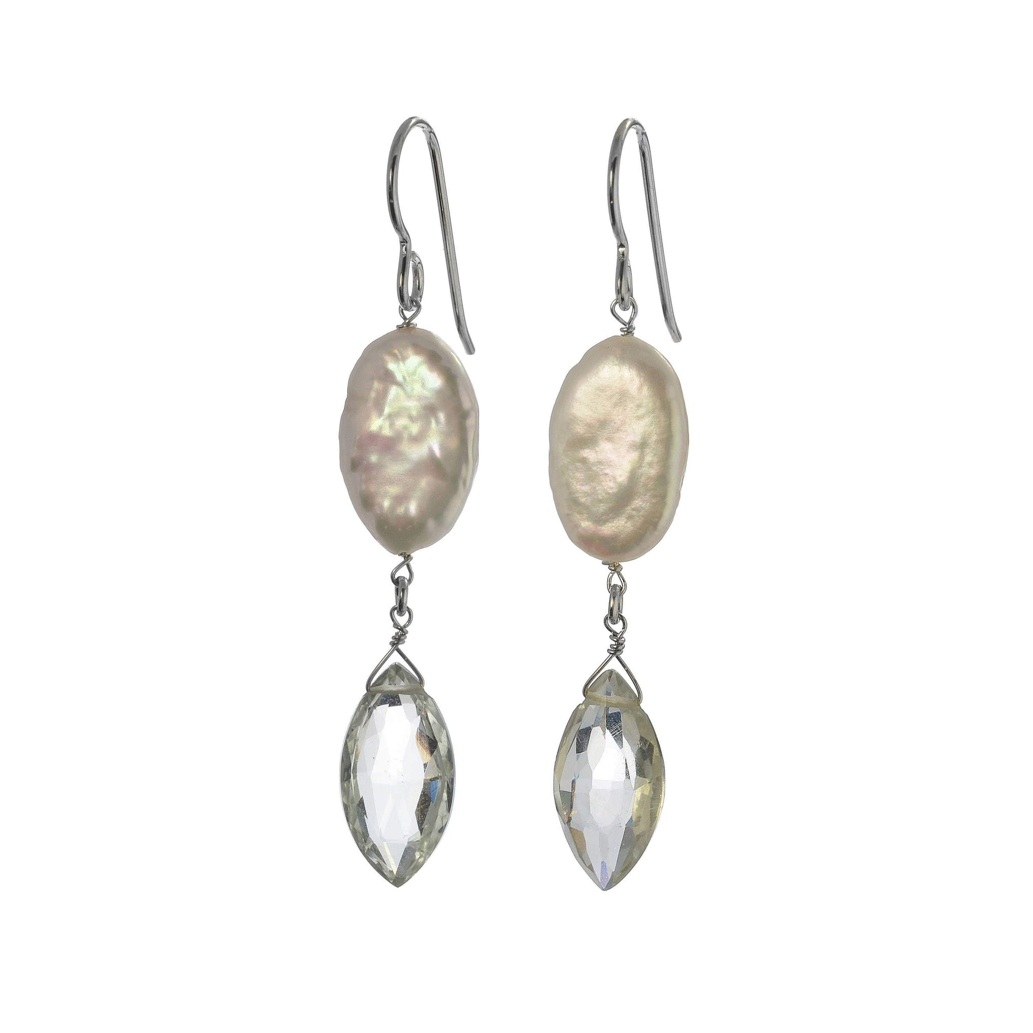 Light Green Amethyst, White Coin Pearl Earrings