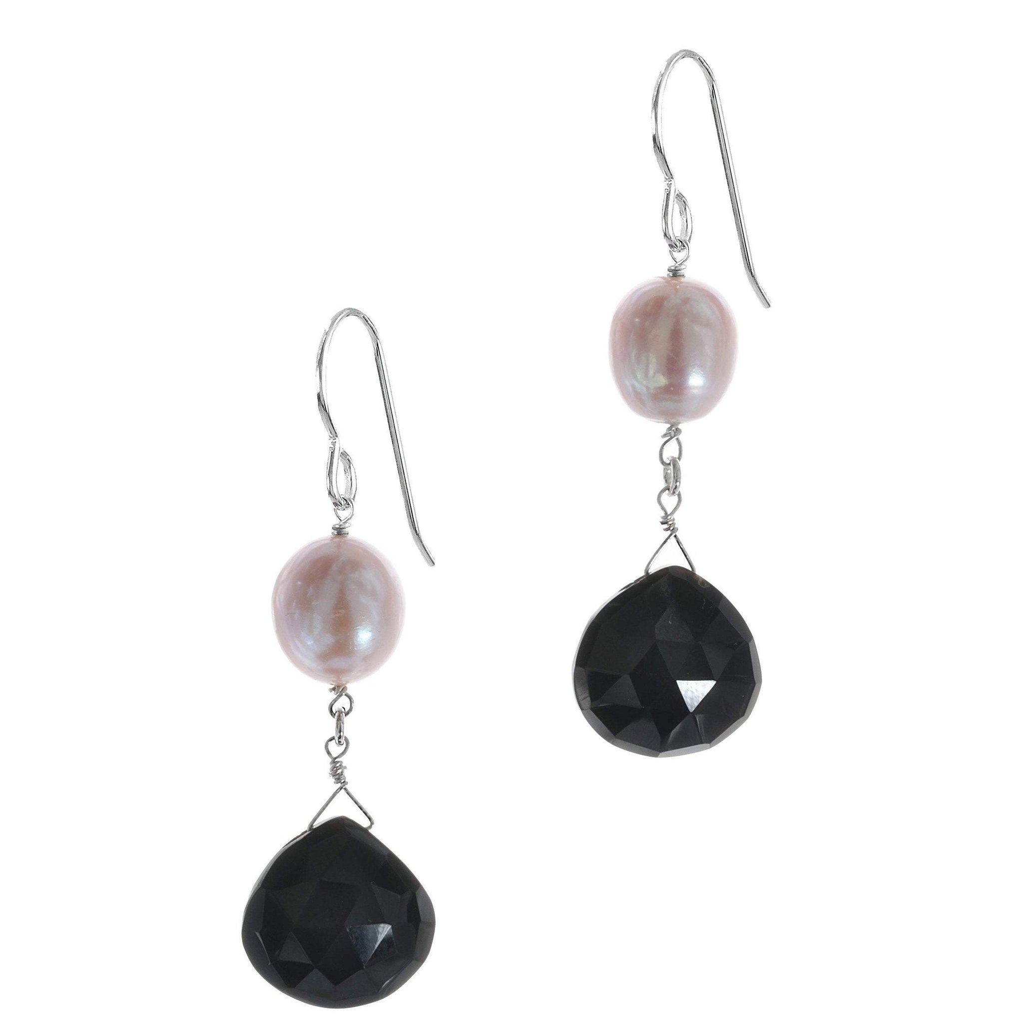 Black Onyx, Pearl Black and White Dangle Earrings