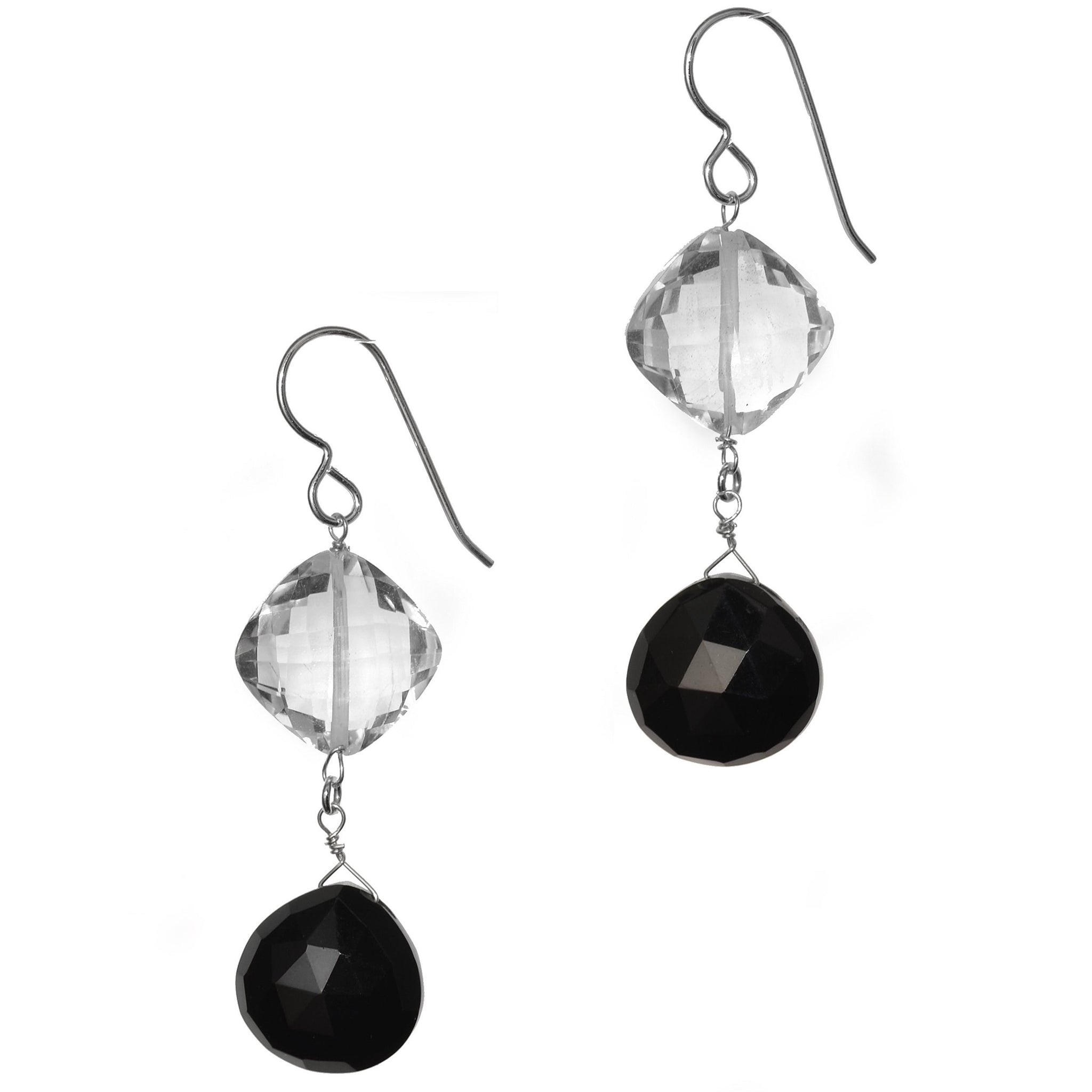 Black Onyx, Rock Crystal, Black and White Silver Earrings