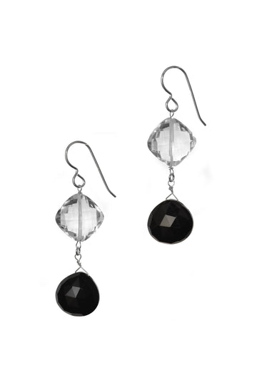 Black Onyx, Rock Crystal, Black and White Silver Earrings
