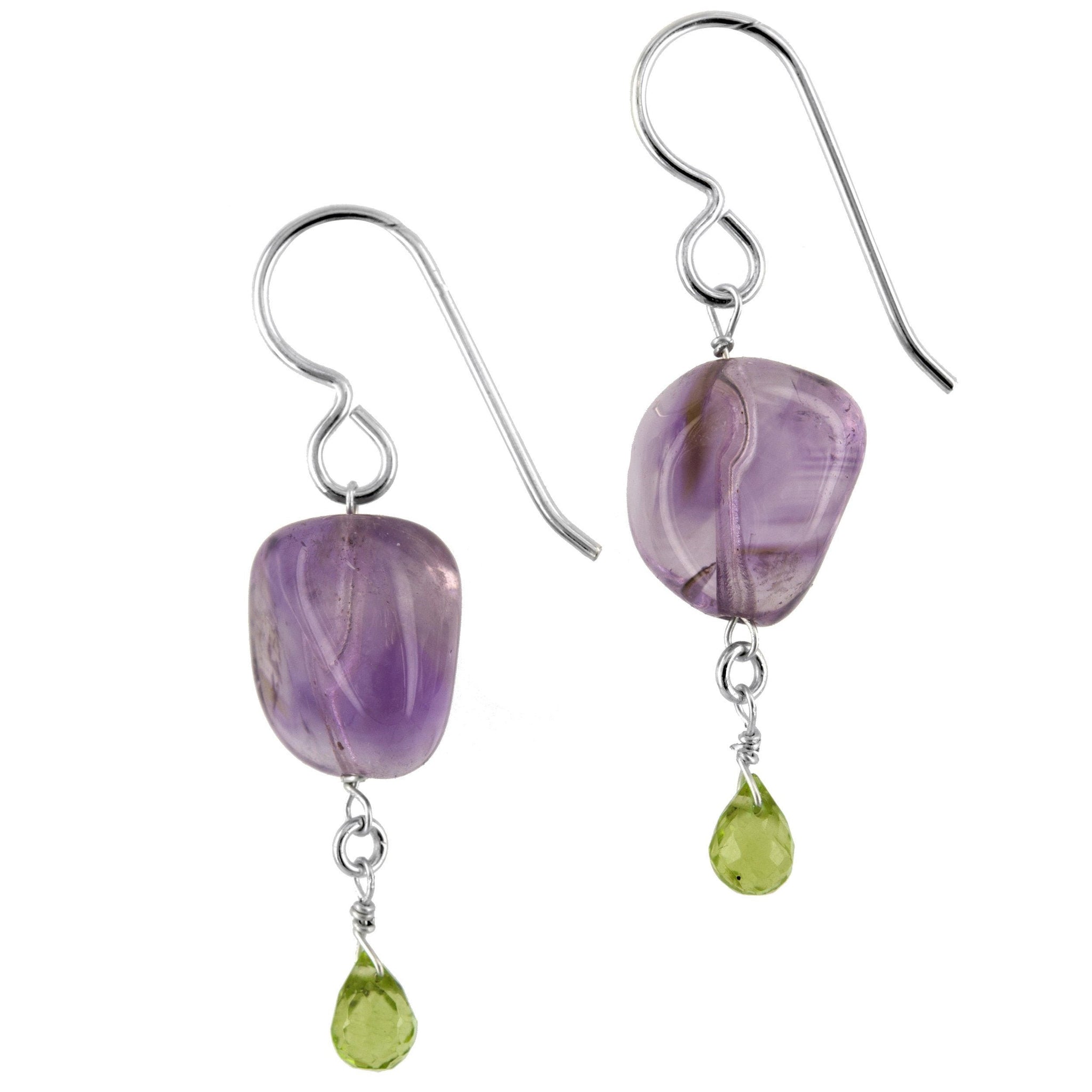 Green Peridot, Purple Amethyst Raw Gemstone Dangle Earrings