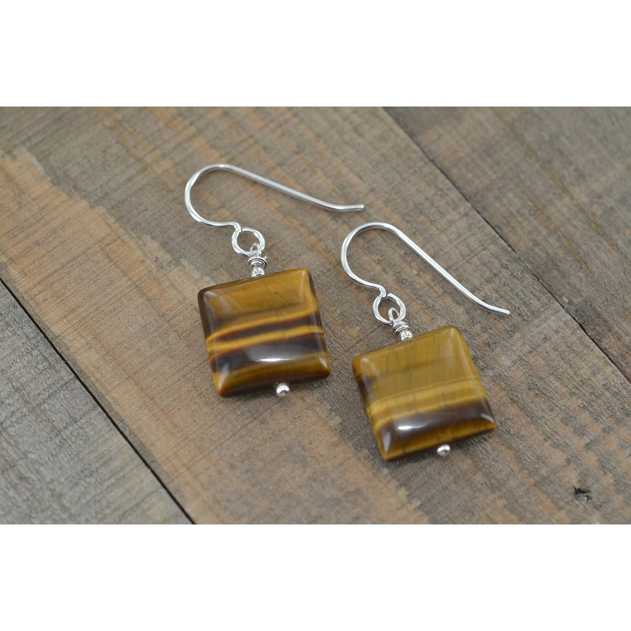 Square Tigers Eye Brown Silver Earrings