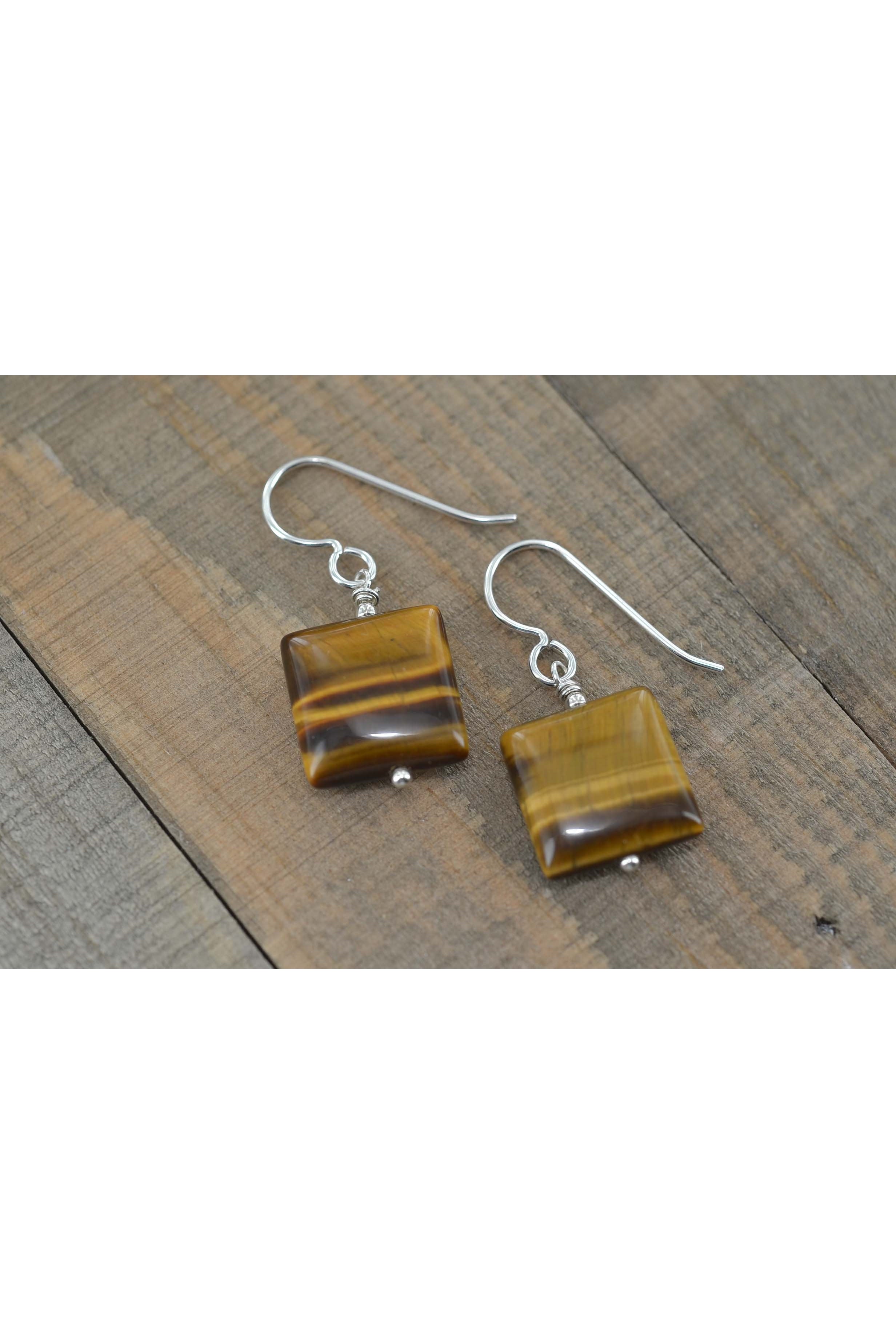 Square Tigers Eye Brown Silver Earrings
