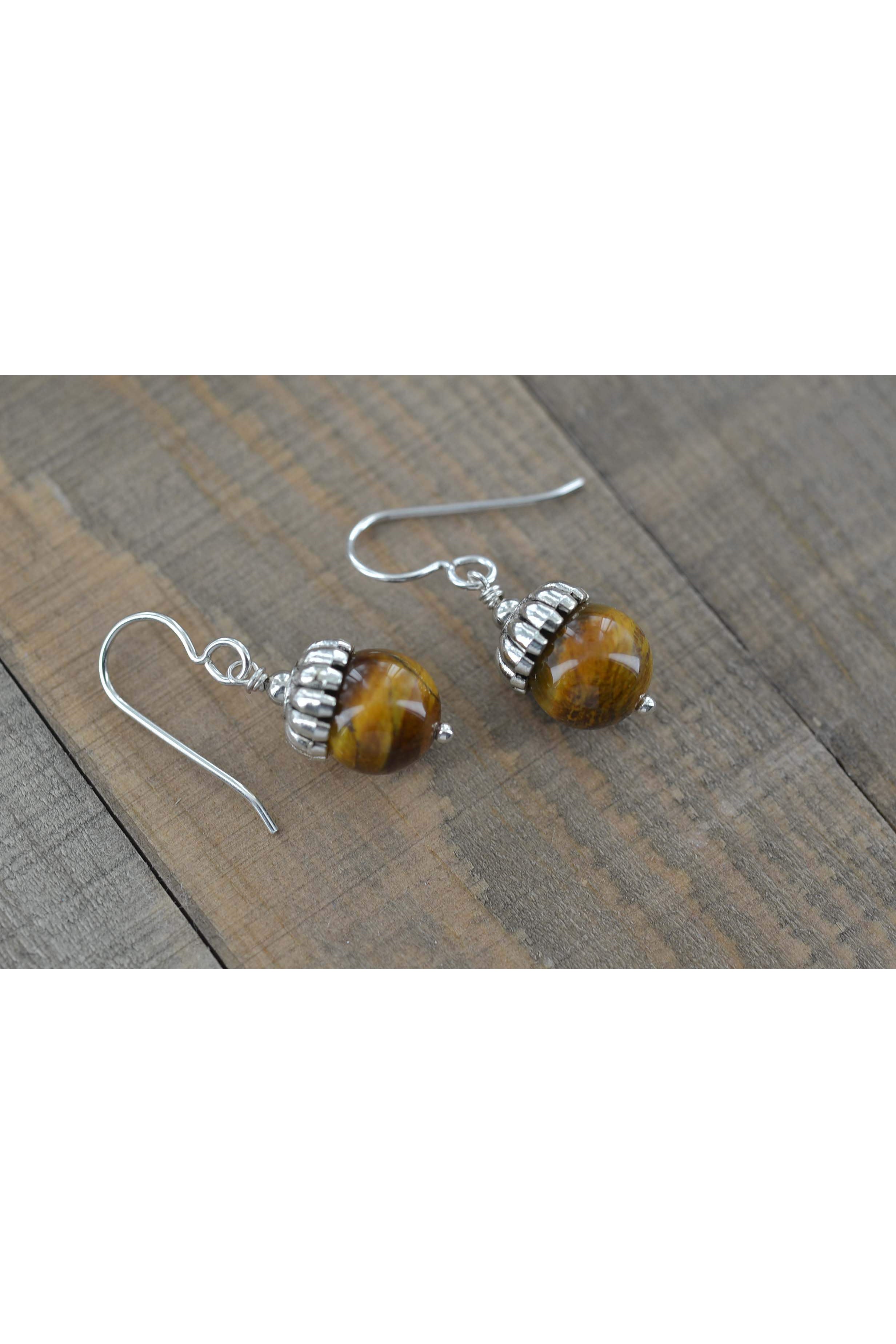 Round Tiger Eye Bead, Brown Earrings
