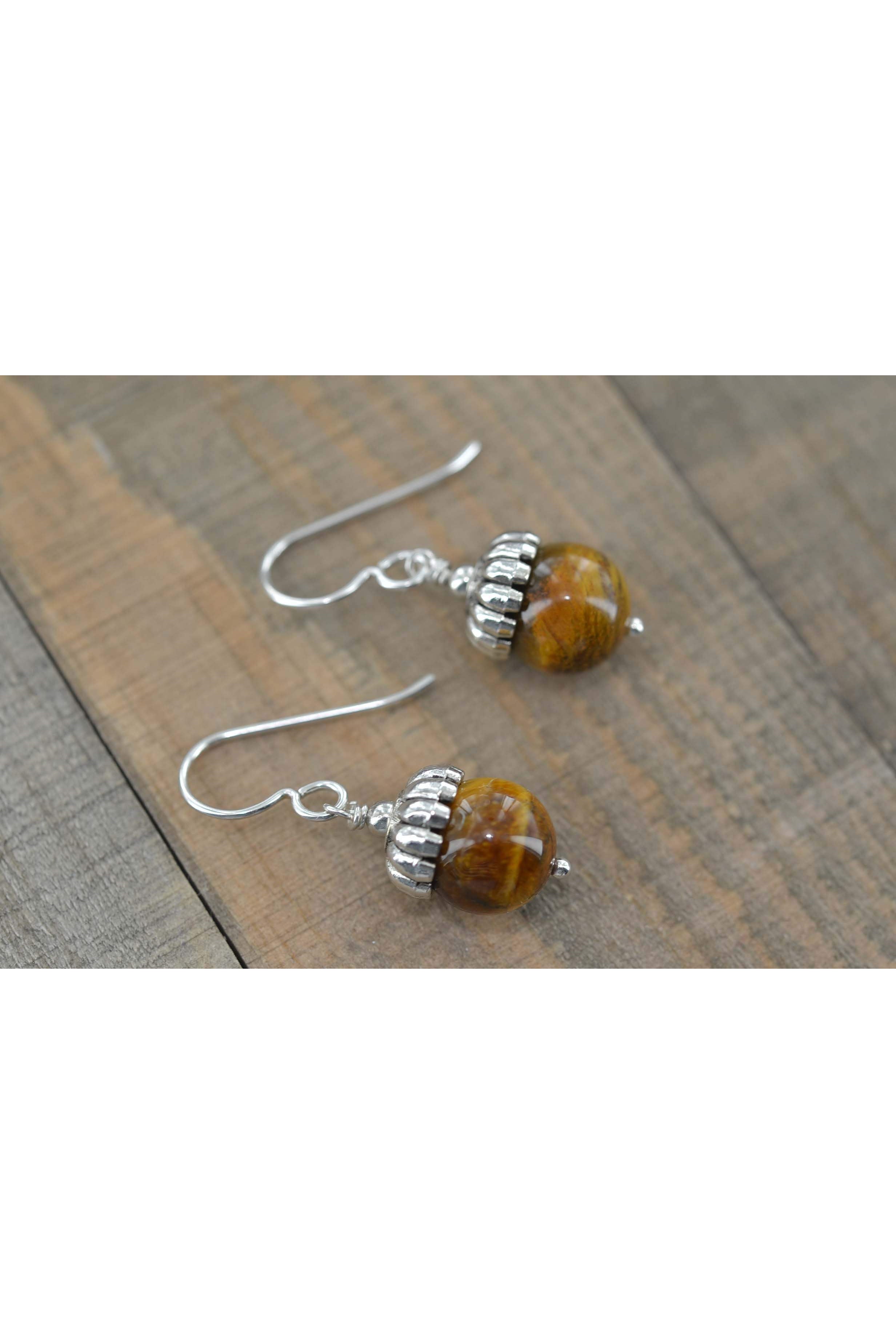 Round Tiger Eye Bead, Brown Earrings