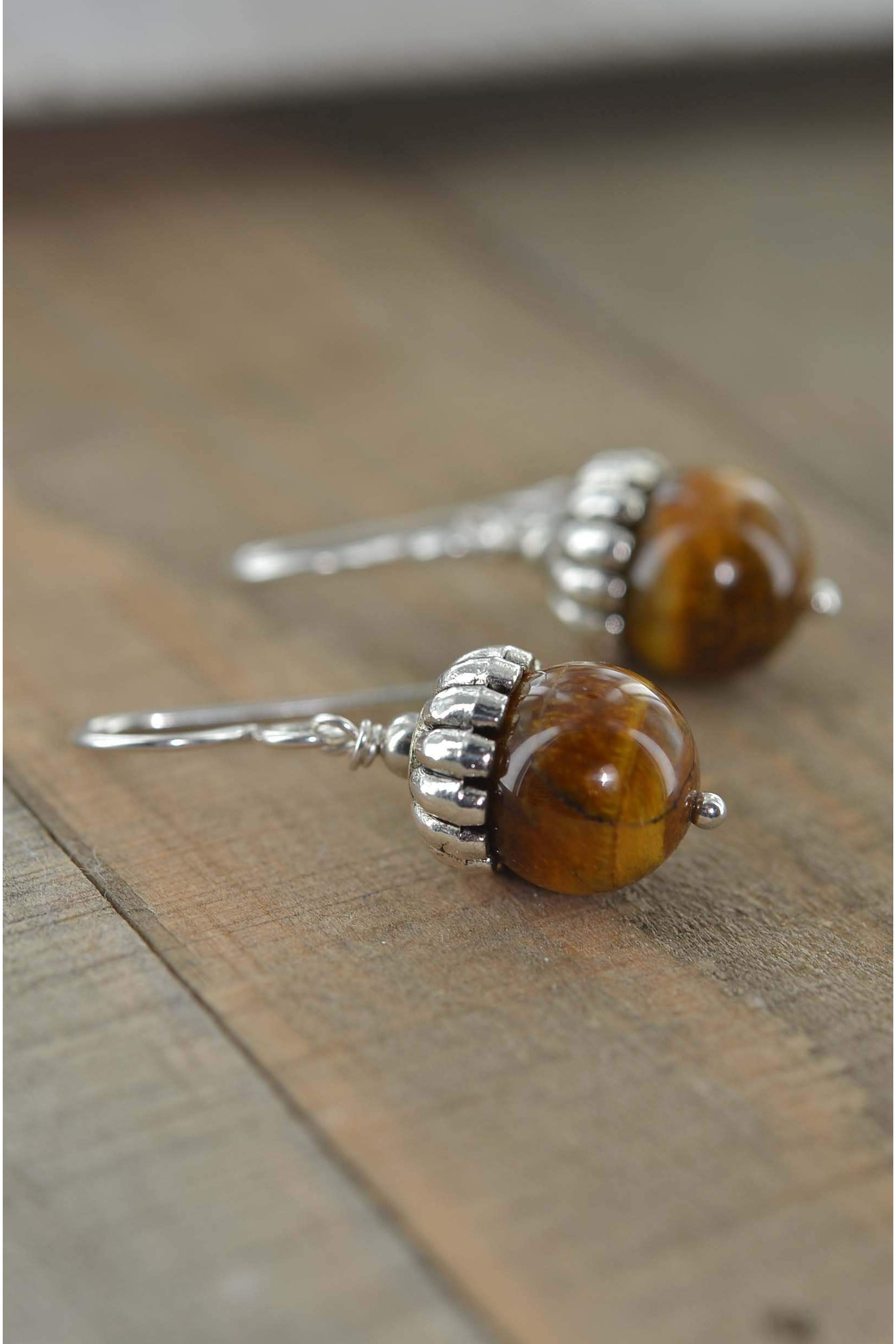 Round Tiger Eye Bead, Brown Earrings