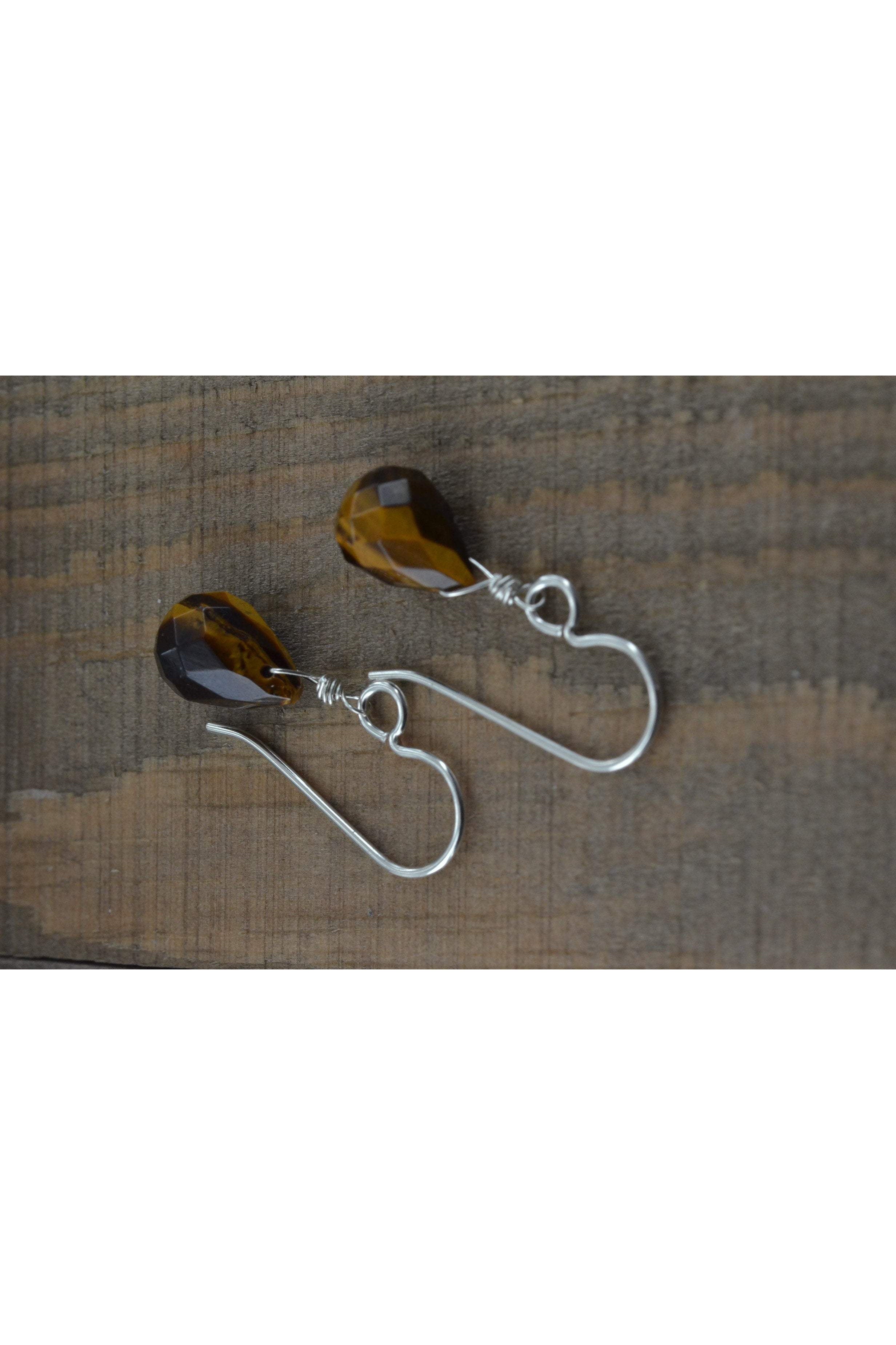 Dainty Brown Tiger Eye Teardrop Gemstone Dangle Earrings