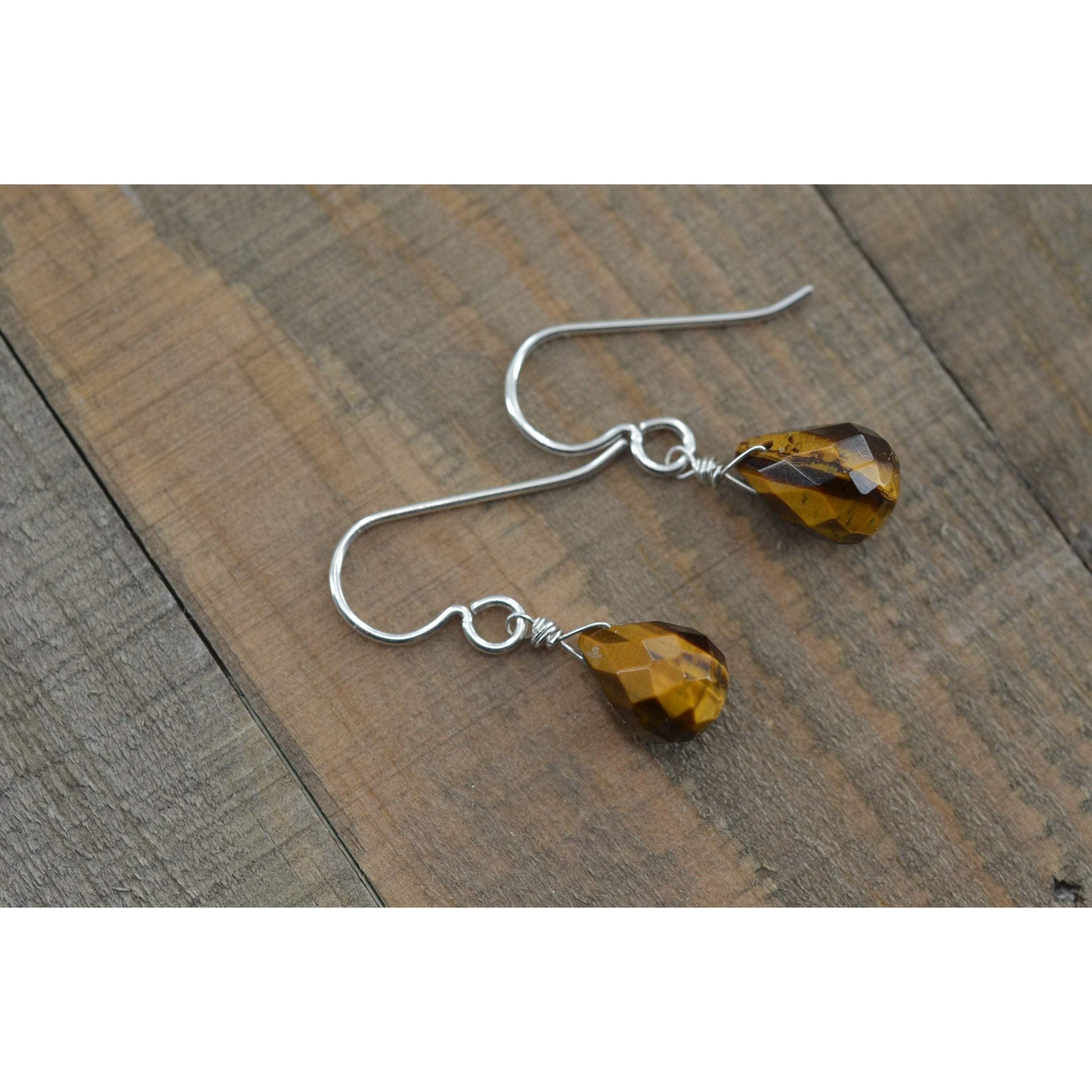 Dainty Brown Tiger Eye Teardrop Gemstone Dangle Earrings