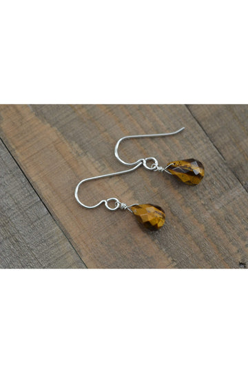 Dainty Brown Tiger Eye Teardrop Gemstone Dangle Earrings