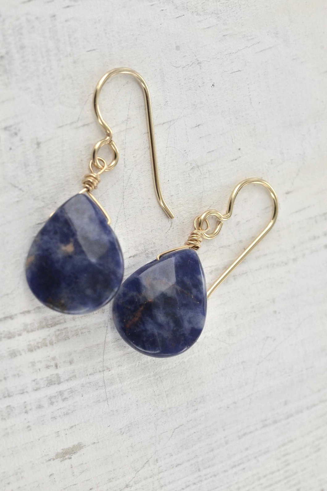 Dark Blue Sodalite Gold Dangle Earrings