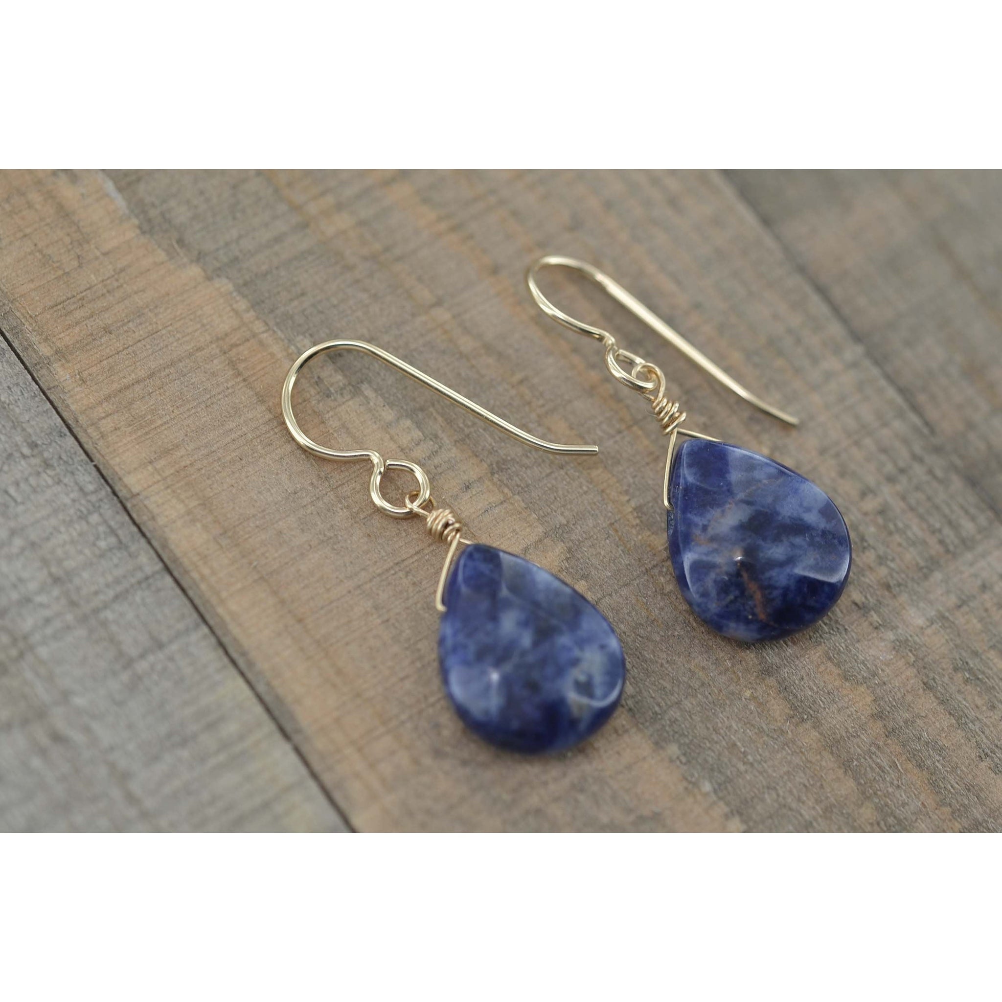 Dark Blue Sodalite Gold Dangle Earrings