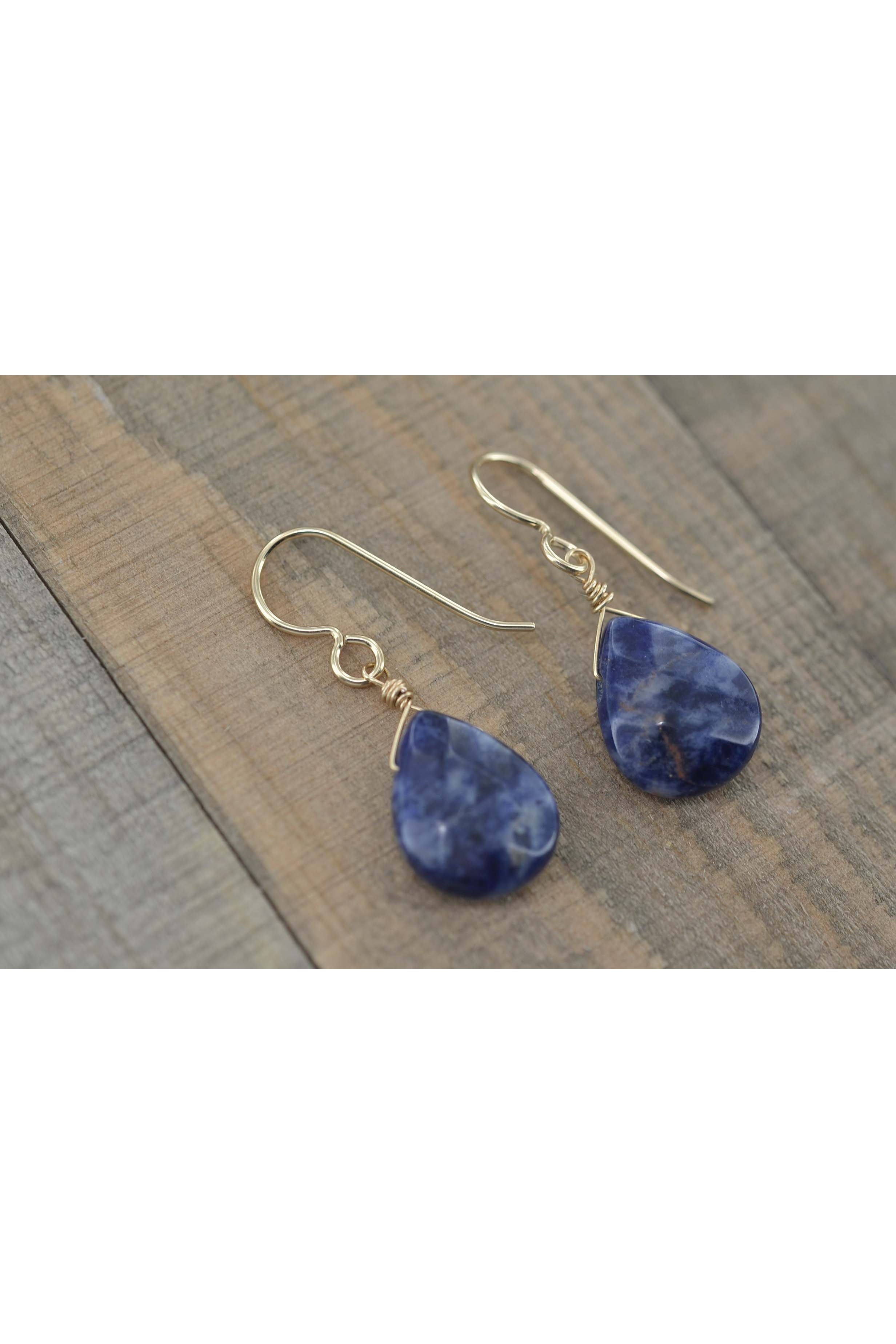 Dark Blue Sodalite Gold Dangle Earrings