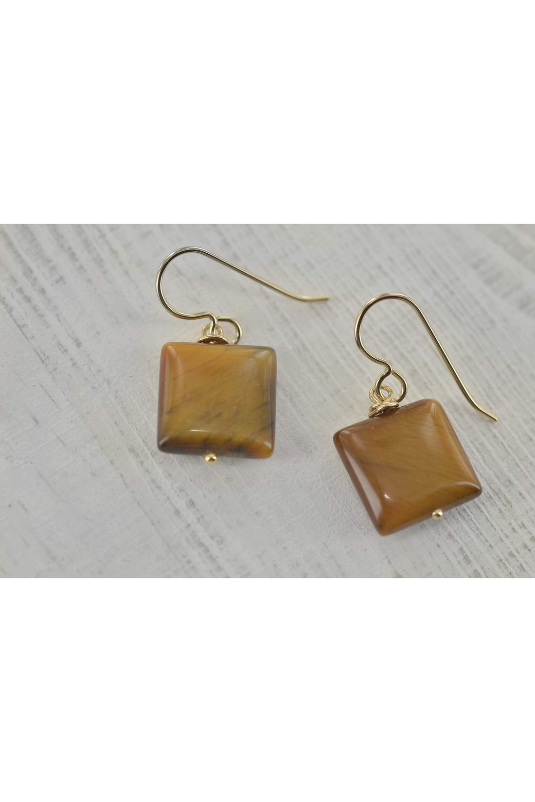 Rectangle Brown Tigers Eye Gemstone Gold Earrings