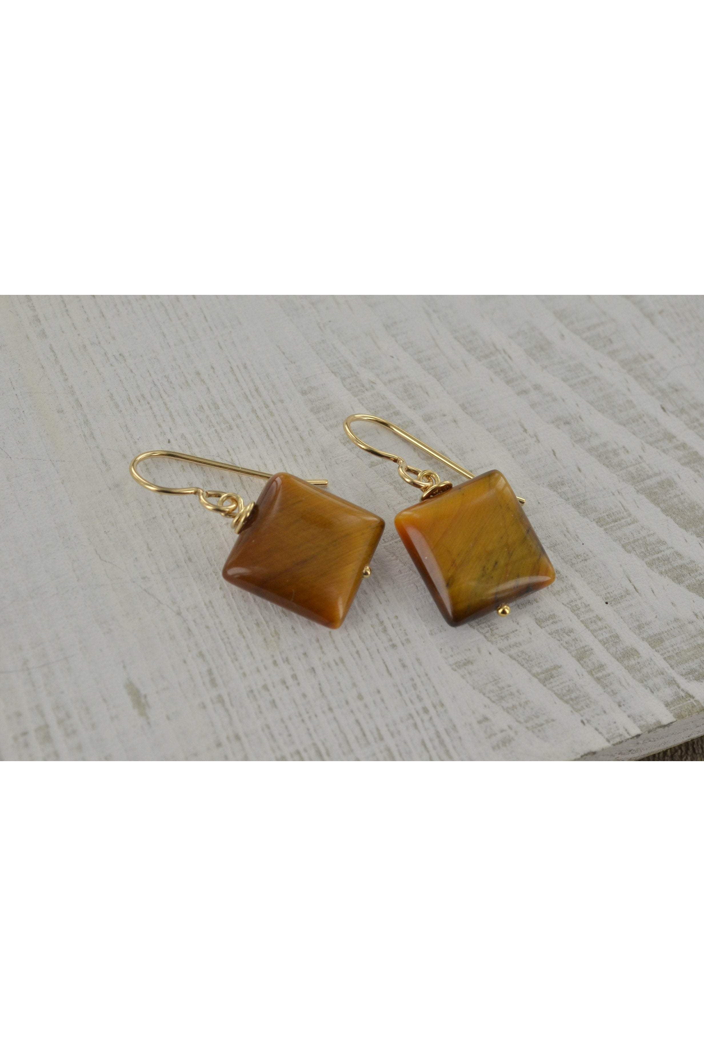 Rectangle Brown Tigers Eye Gemstone Gold Earrings