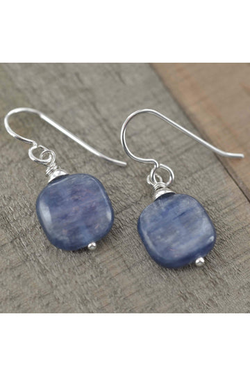 Square Blue Kyanite Gemstone Dangle Earrings