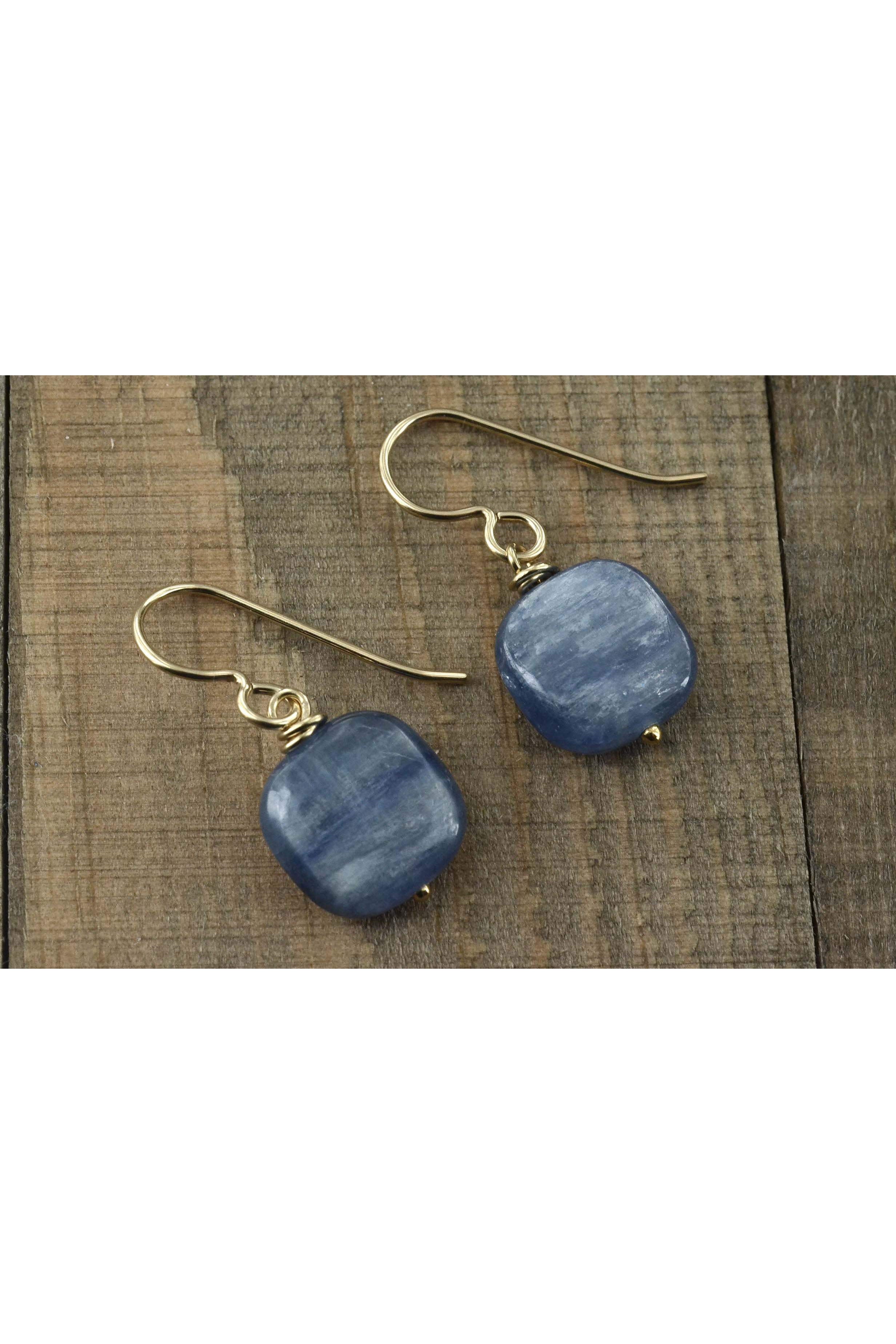 Blue Kyanite Gemstone Square Briolette Dangle Earrings