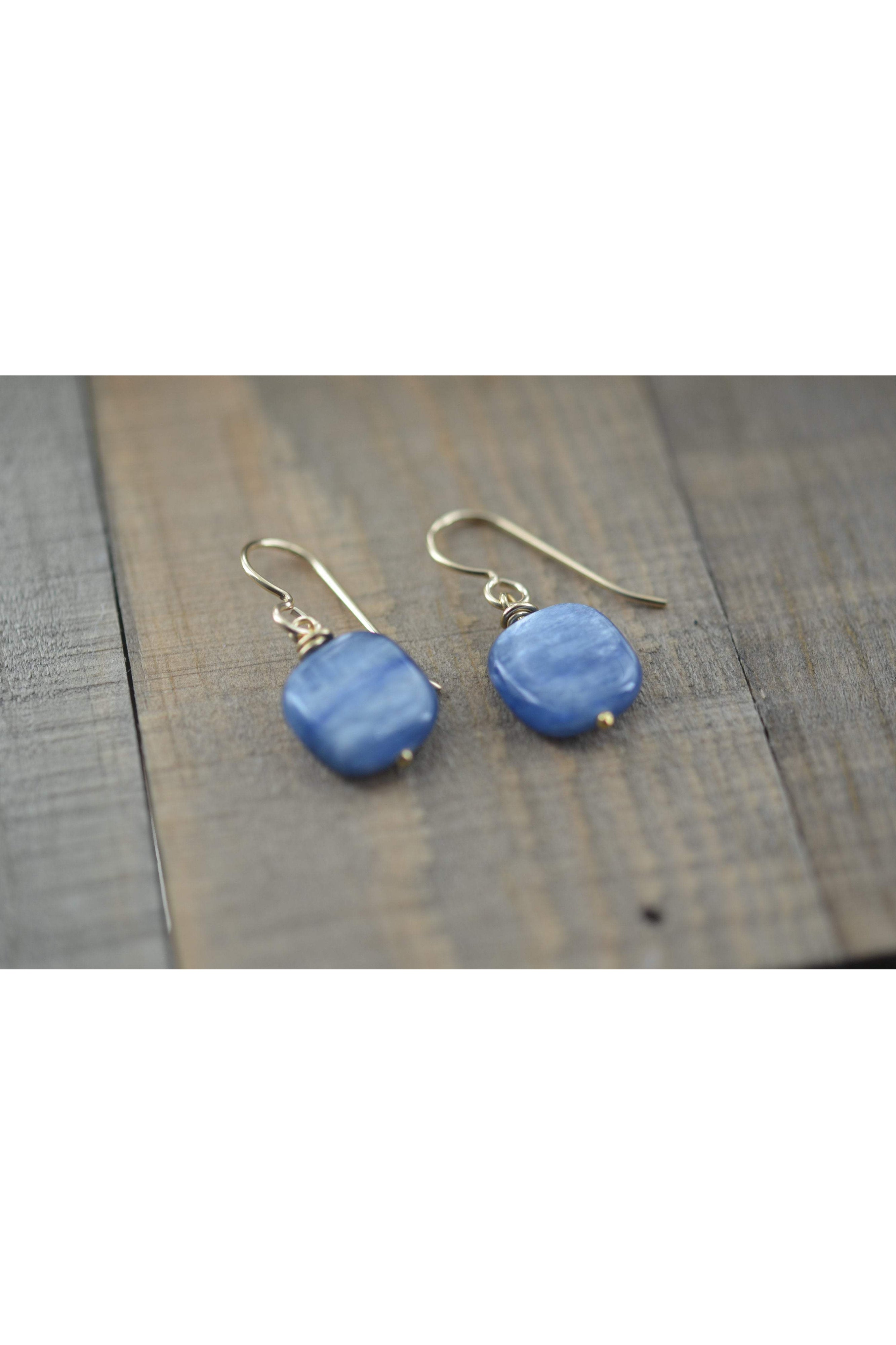 Blue Kyanite Gemstone Square Briolette Dangle Earrings